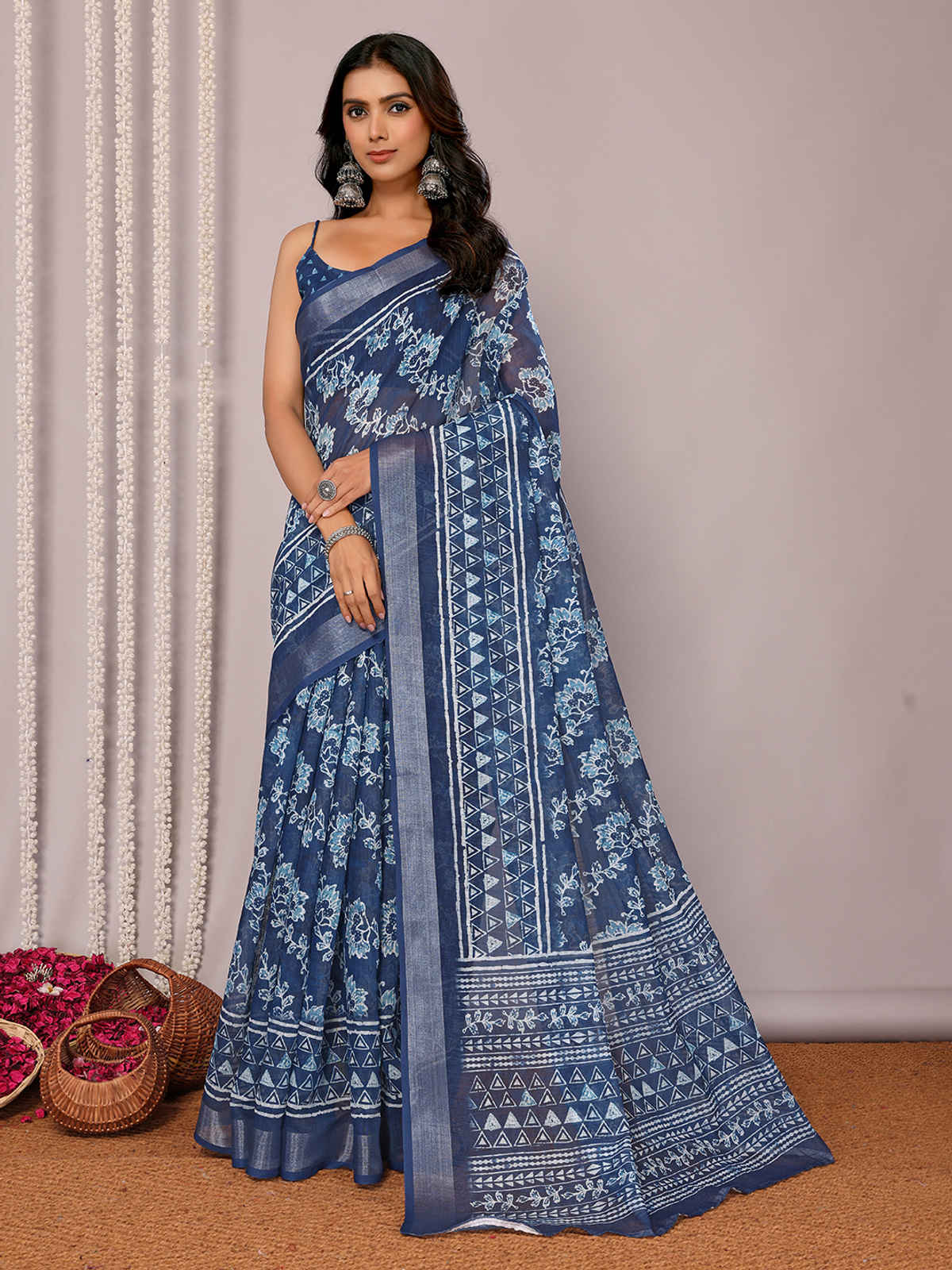 Janasya Women's Cotton Linen Floral Printed Saree with Blouse Piece | SAR444 | Navy Blue