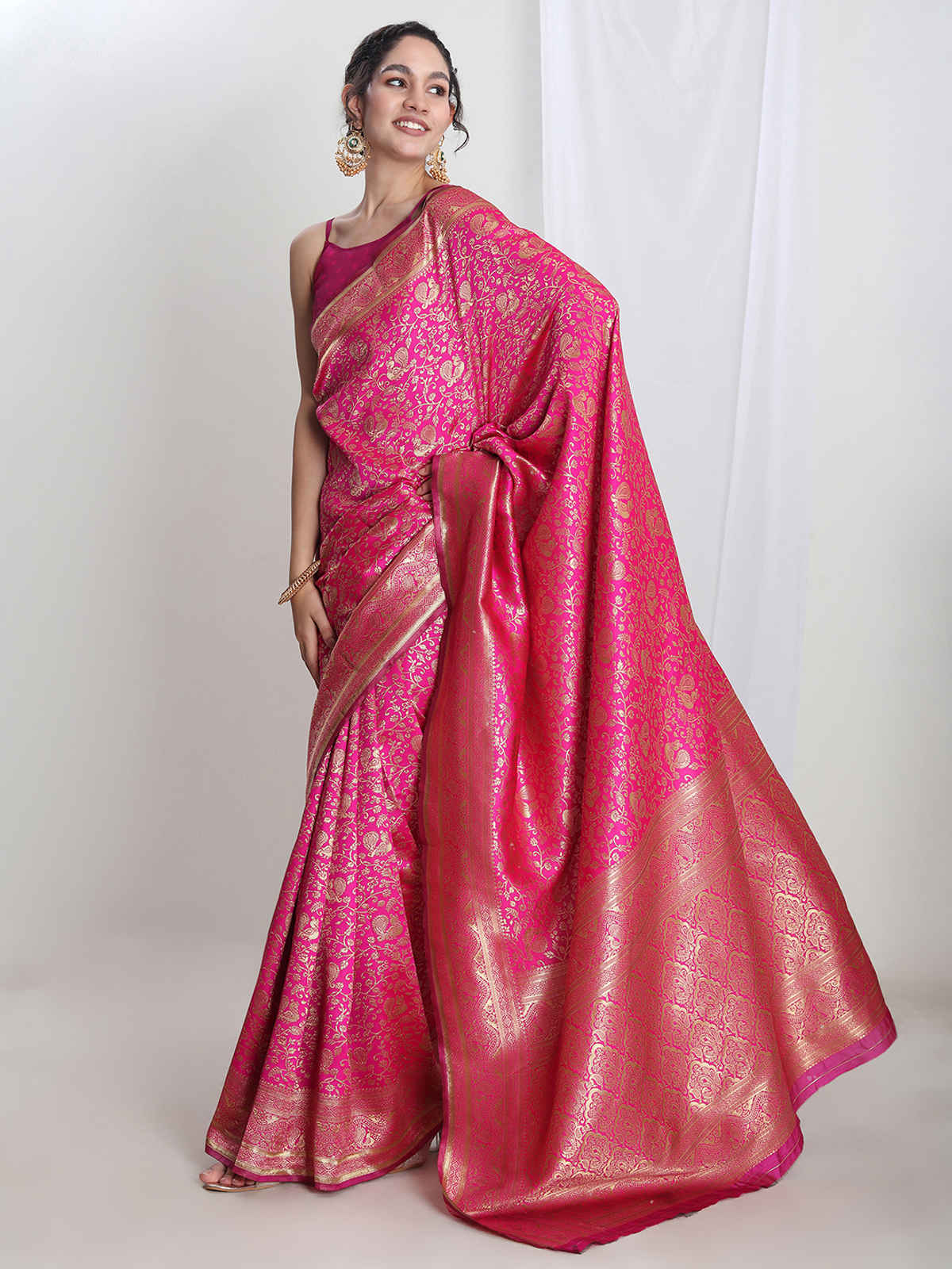 Janasya Women's Silk Blend Floral Woven Design Jacquard Saree with Blouse Piece | SAR654 | Pink