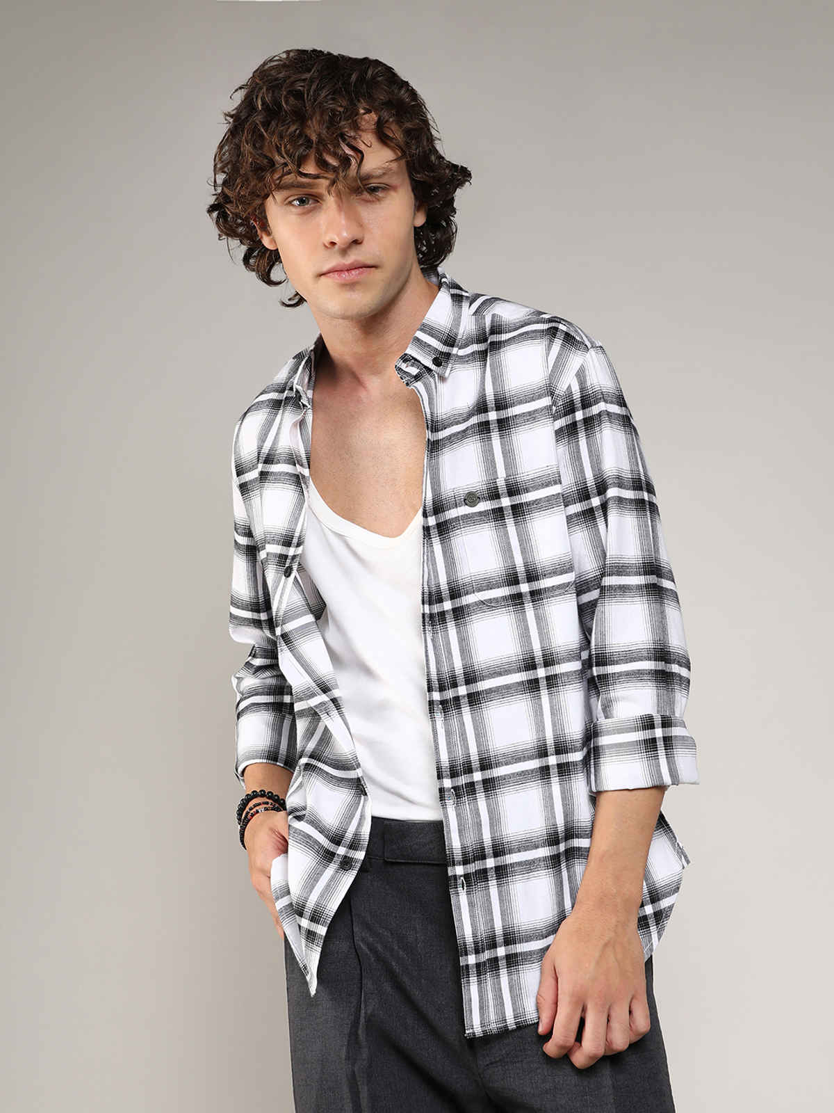 Campus Sutra Men's Brushed Buffalo Check Shirt | Chalk White & Midnight Black - S