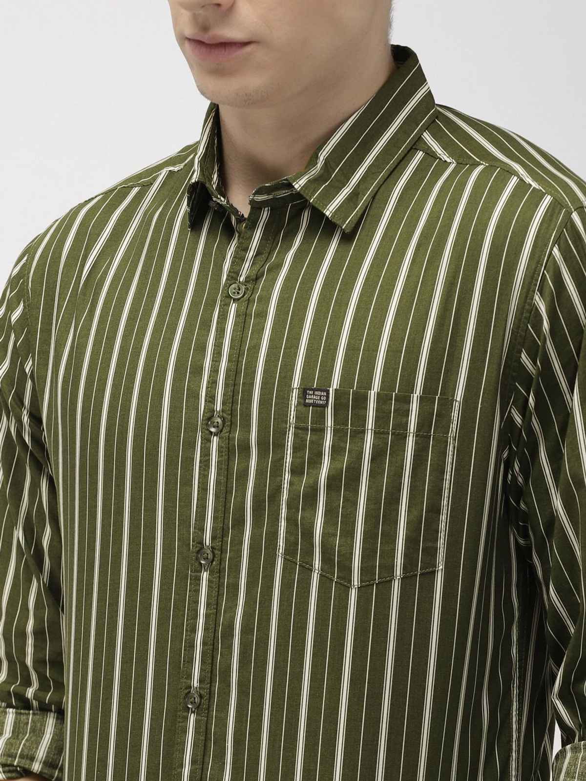 The Indian Garage Co Men's Slim Fit Multi Stripes Casual Shirt | Olive - 2XL