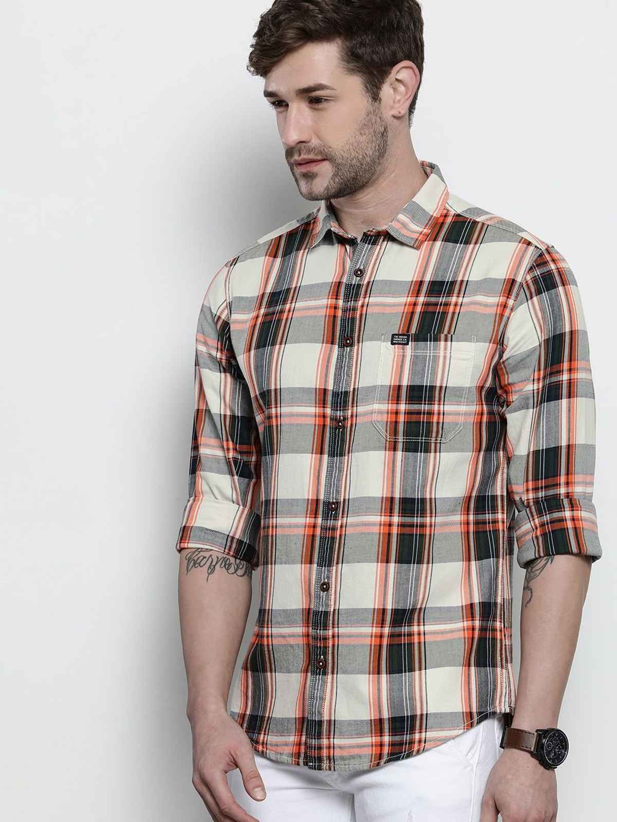 The Indian Garage Co Men's Slim Fit Checked Casual Shirt | Cream - S