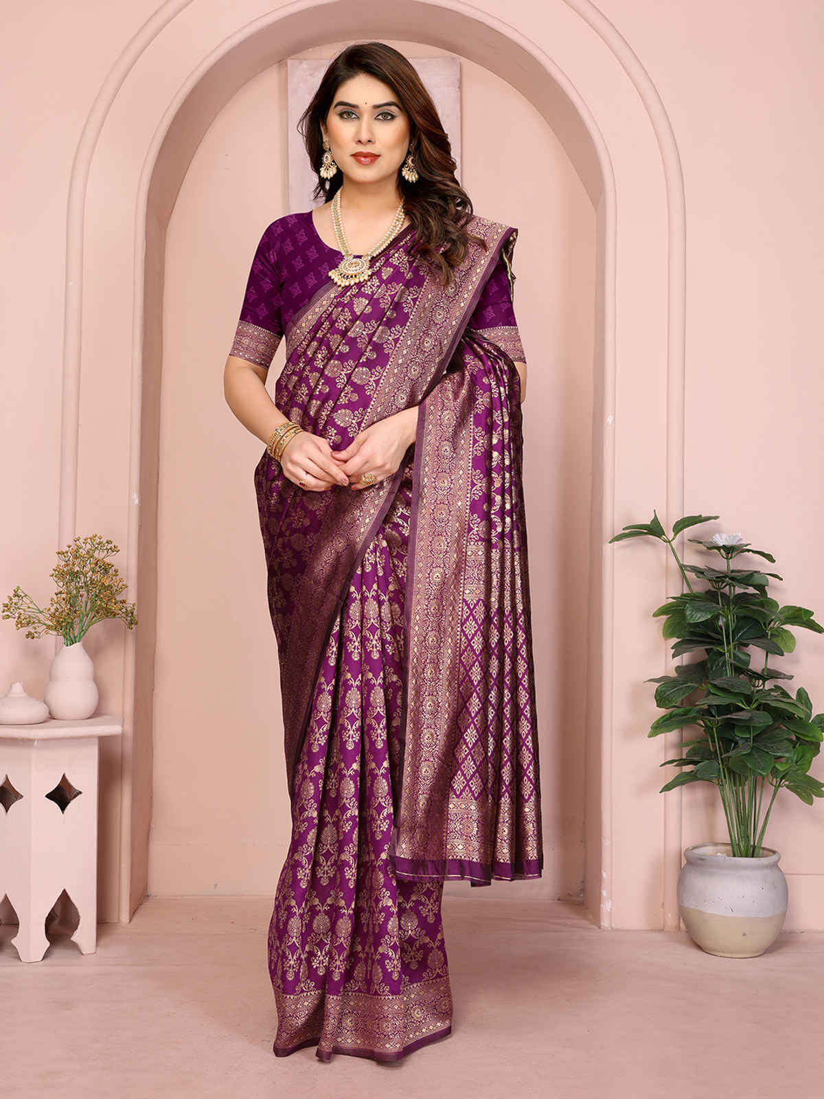 Hema Silk Mills Women Woven Banarasi Silk Blend Saree | Wine