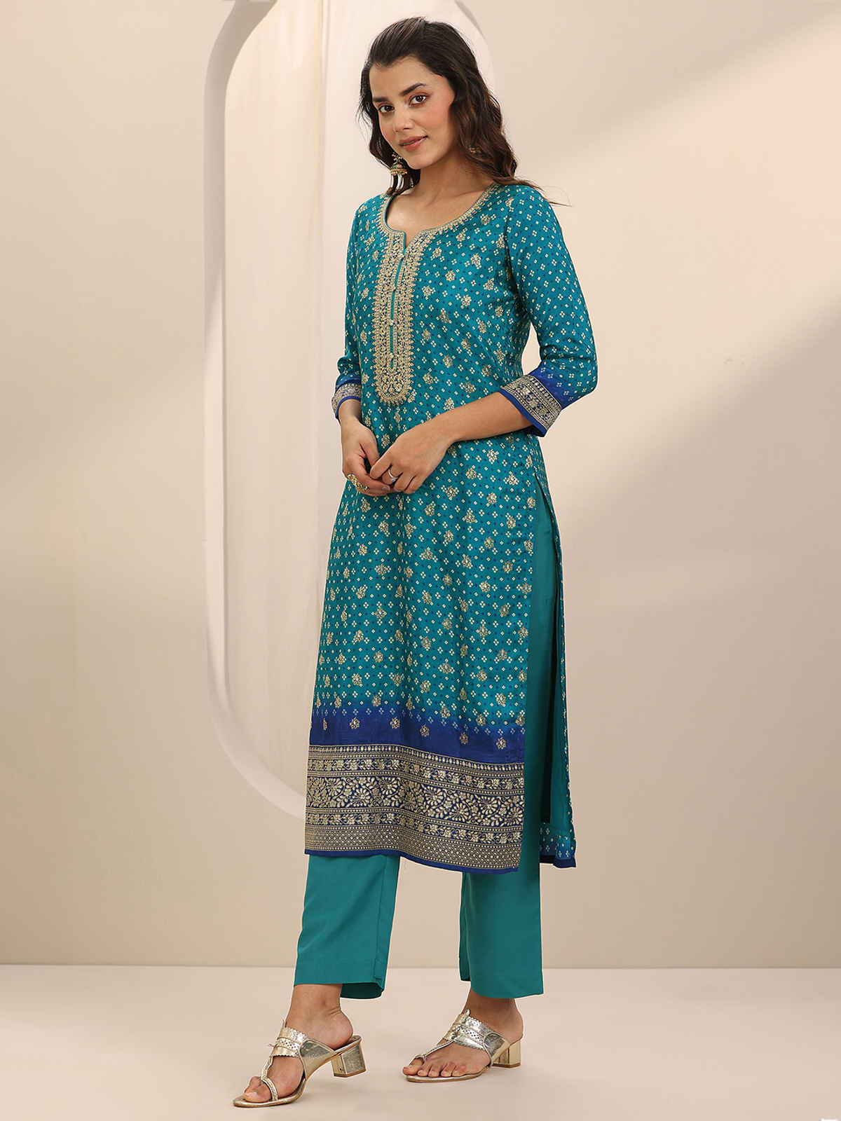 Libas Printed Silk Blend Straight Suit Set With Dupatta | 99269H | Blue - L