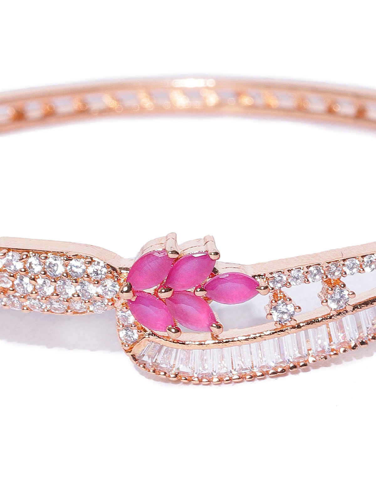 Priyaasi Rose Gold-Plated Ruby And American Diamond Studded Bracelet In Floral Pattern