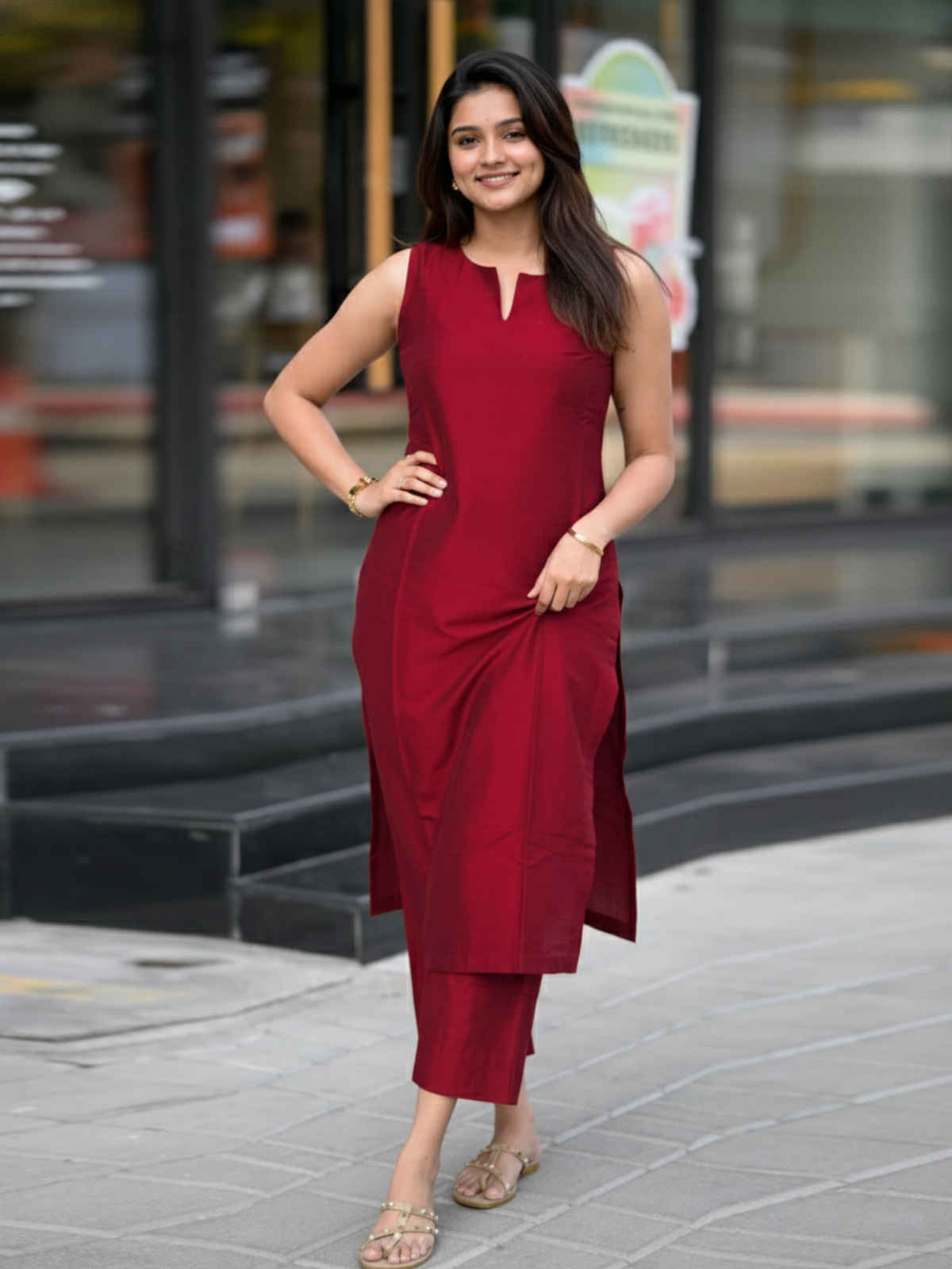 GoSriKi Women's Rayon Viscose Solid Straight Kurta with Palazzo | Rimpy Red | L