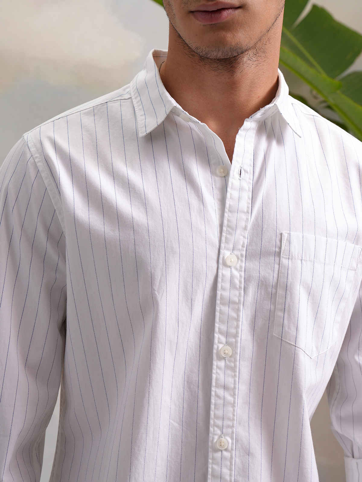 Highlander Men's Classic Slim Fit Vertical Striped Spread Collar Cotton Shirt | White & Indigo - S