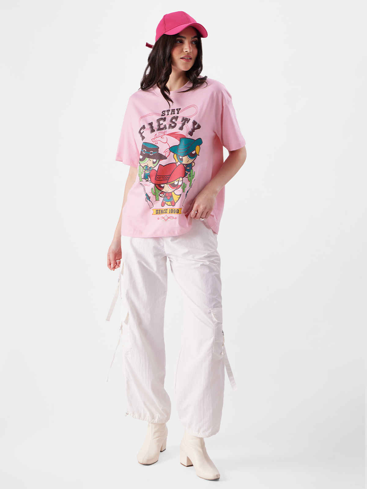 The Souled Store Women's Powerpuff Girls Stay Fiesty Oversized T-shirt | Pink - L
