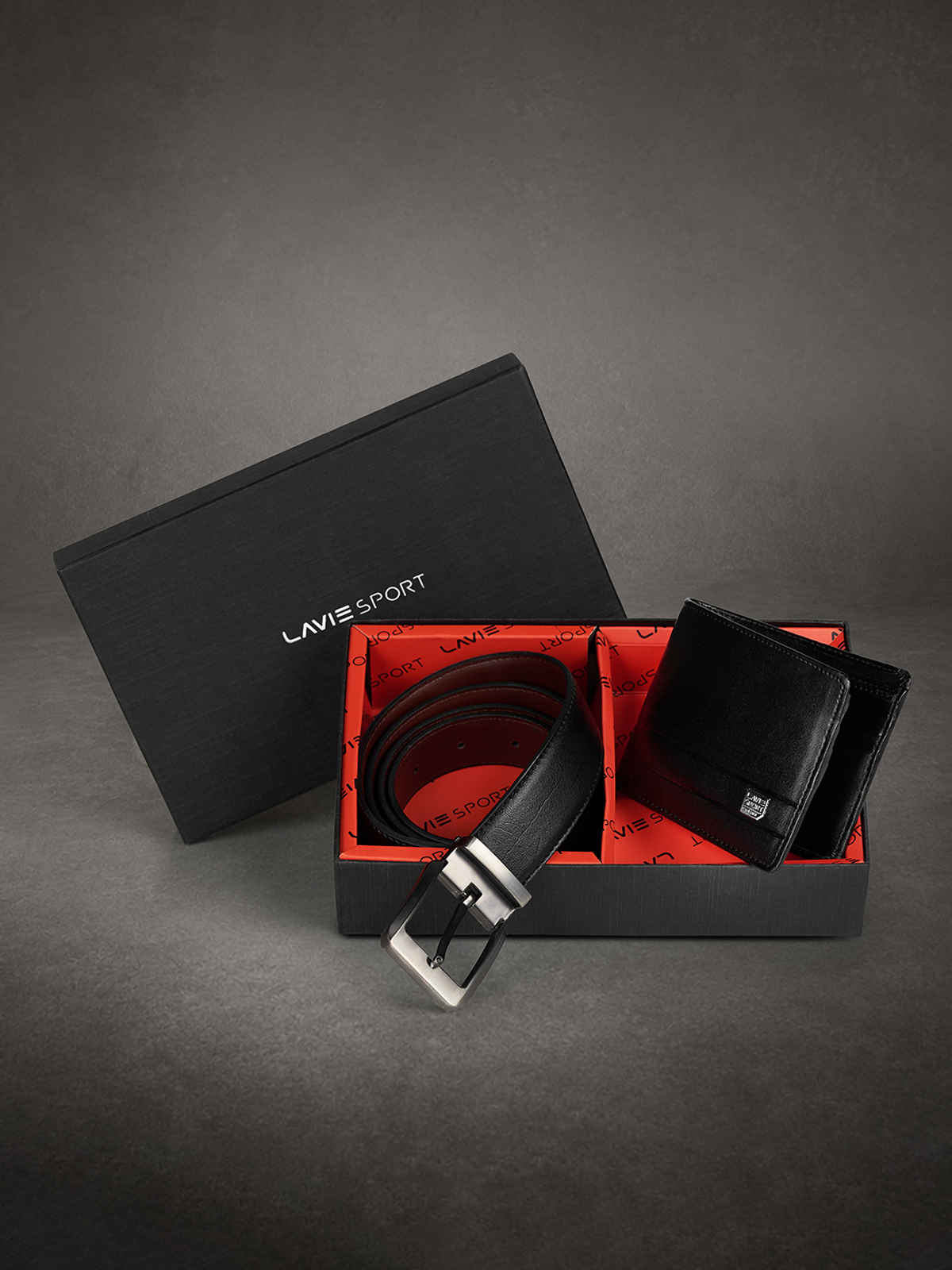 Lavie Sport Men's Midnight Noir Sling Bag | Belt | Wallet | Perfume with Diary Gift Set | Black