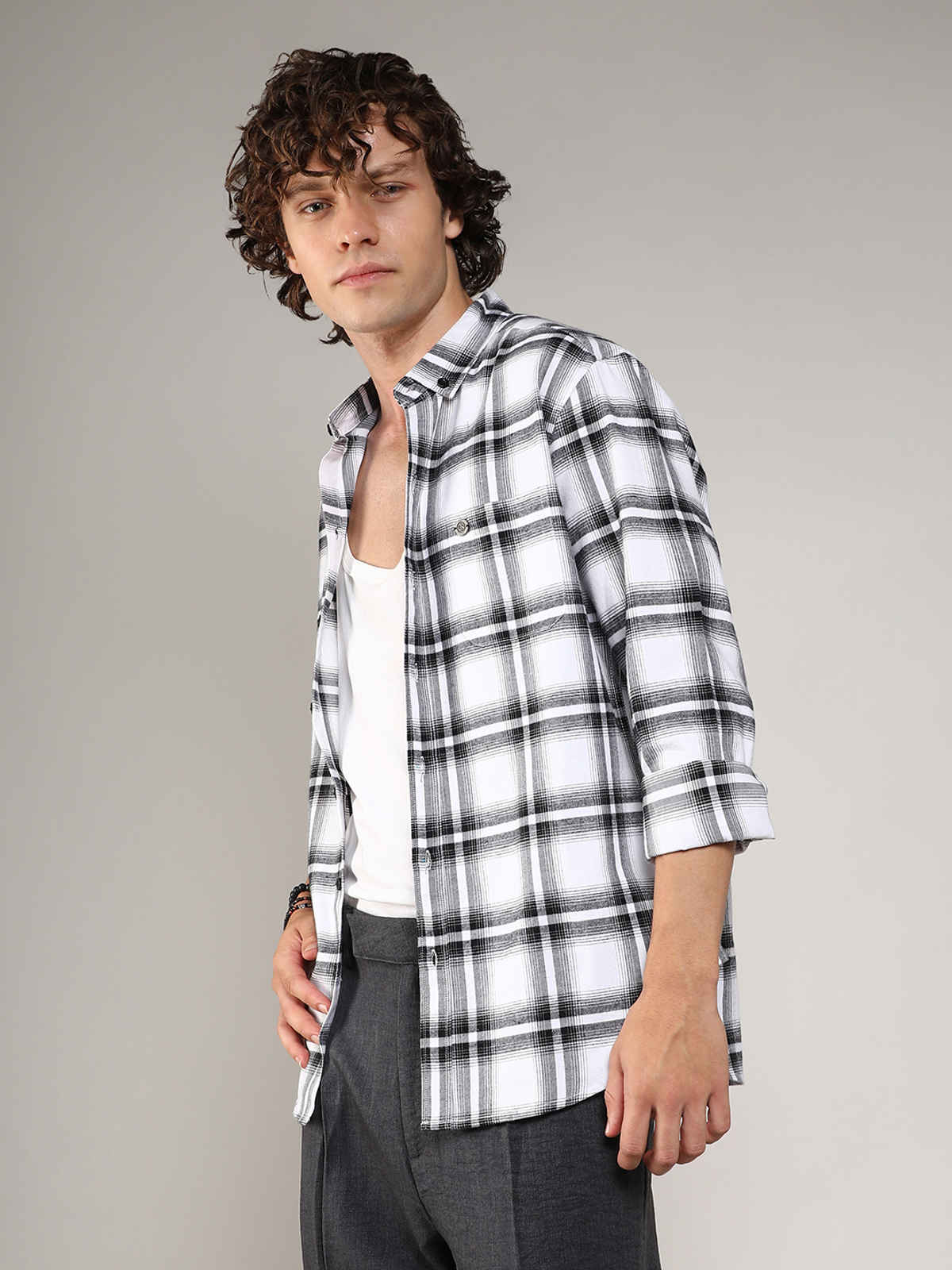 Campus Sutra Men's Brushed Buffalo Check Shirt | Chalk White & Midnight Black - M