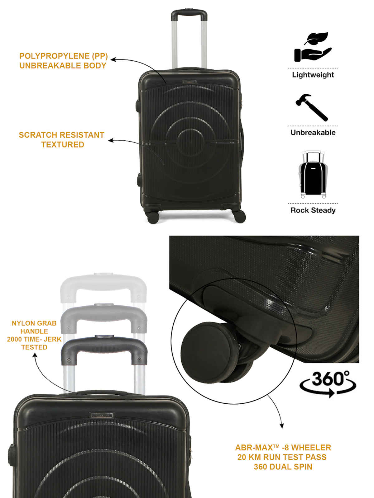 Teakwood Textured PP 48 L Telescopic Hard Luggage | Black - 55 cm