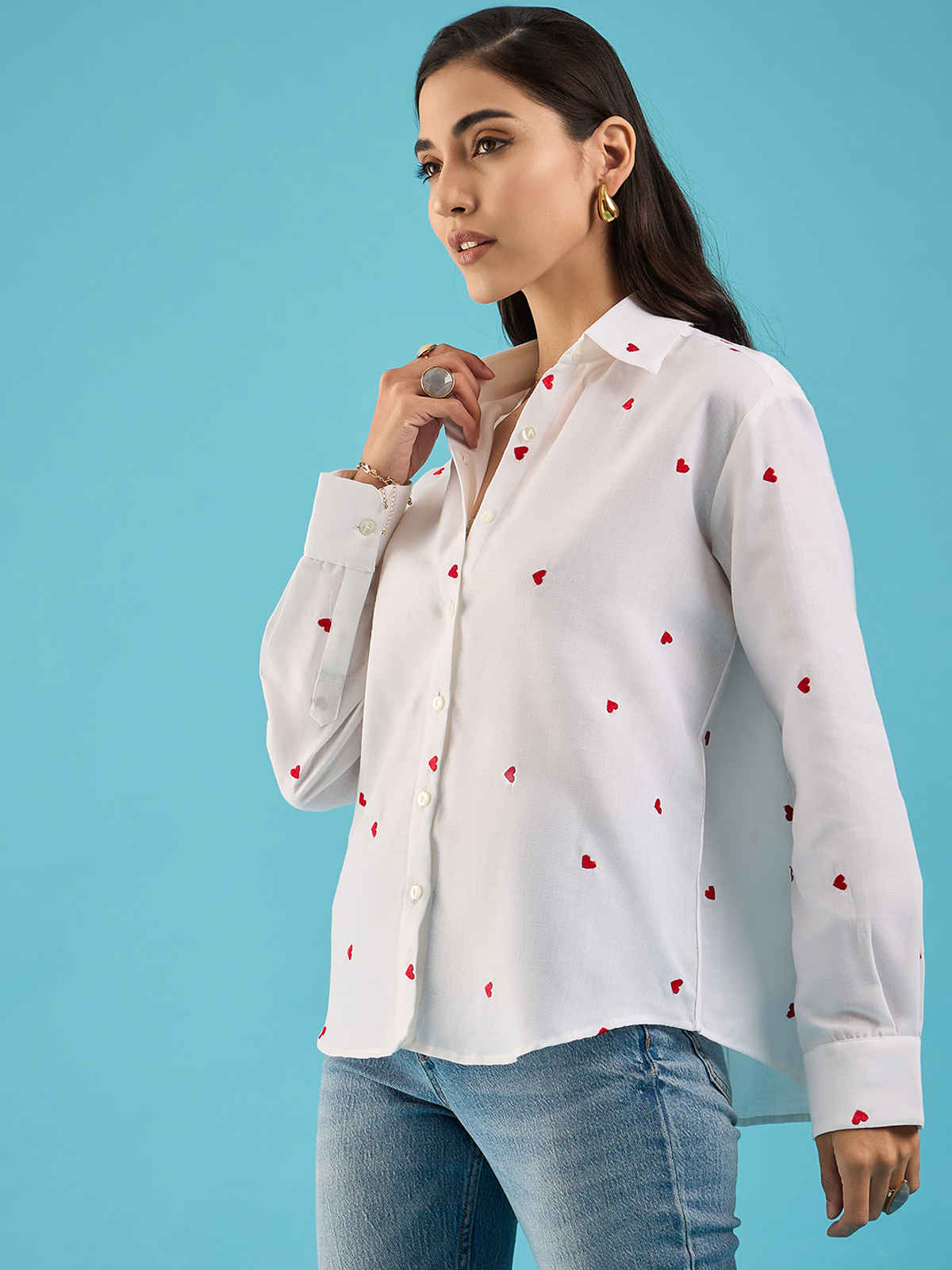Uptownie Women's Embroidered Cotton Shirt with Hearts | 120018879 | White | S