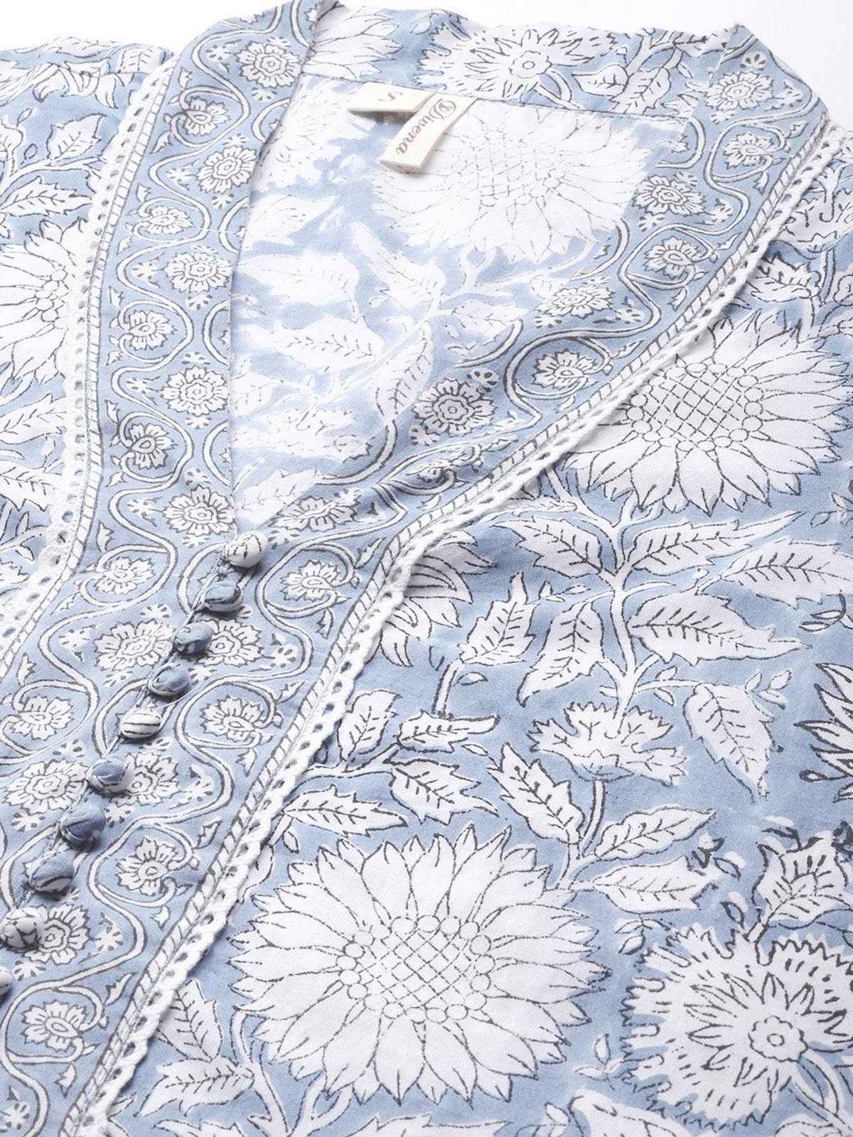 Divena Women s Sky blue Hand Block Printed Straight kurta Pant Set with Dupatta | DK0755 | L