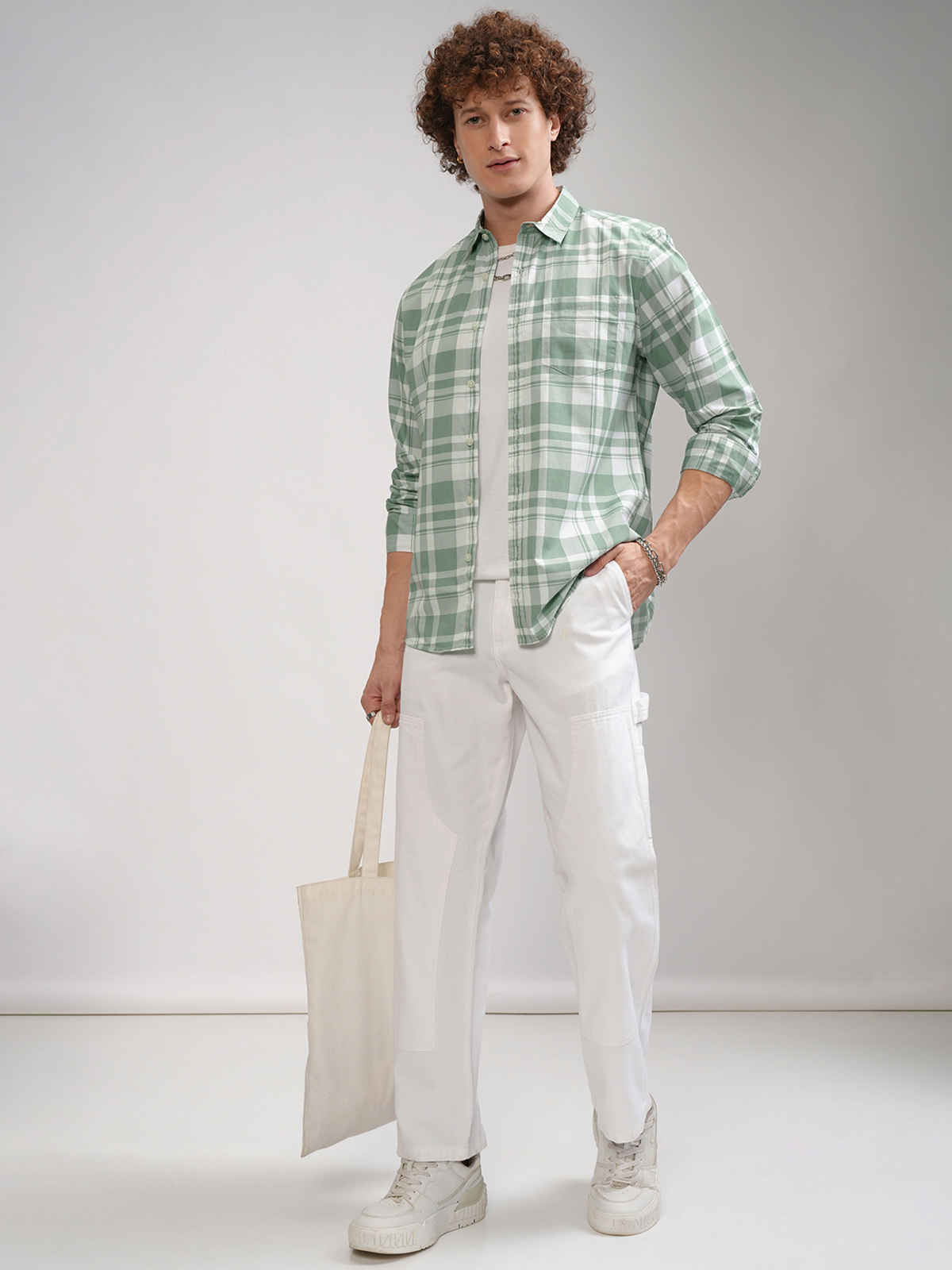 Highlander Men's Dusty Checked Slim Fit Shirt| Dusty Green & White - L