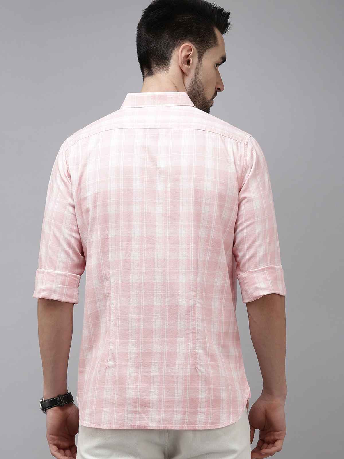 The Bear House Men Slim Fit Checked Button-Down Casual Shirt - Nimos | Pink | XL