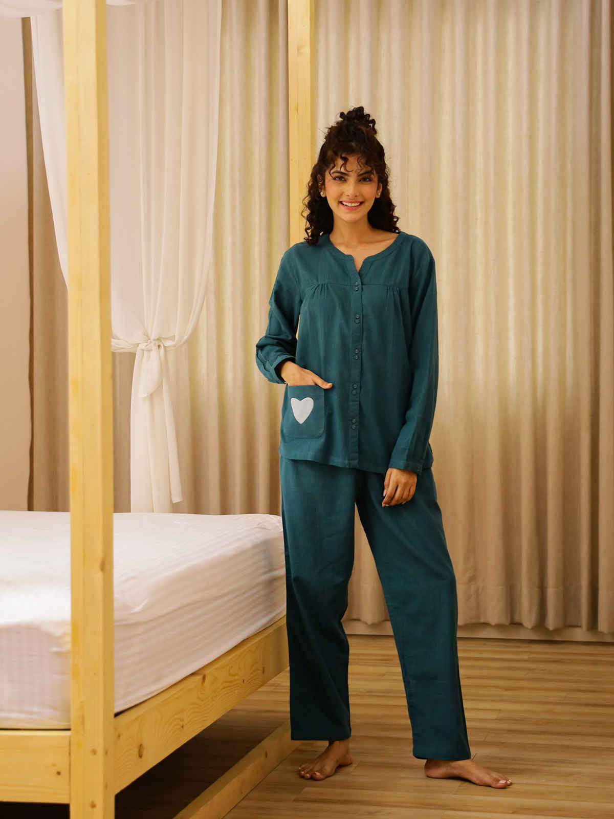 Sanskrutihomes Women's Pure Cotton Night suits | SE-NSP-707 | Teal - S