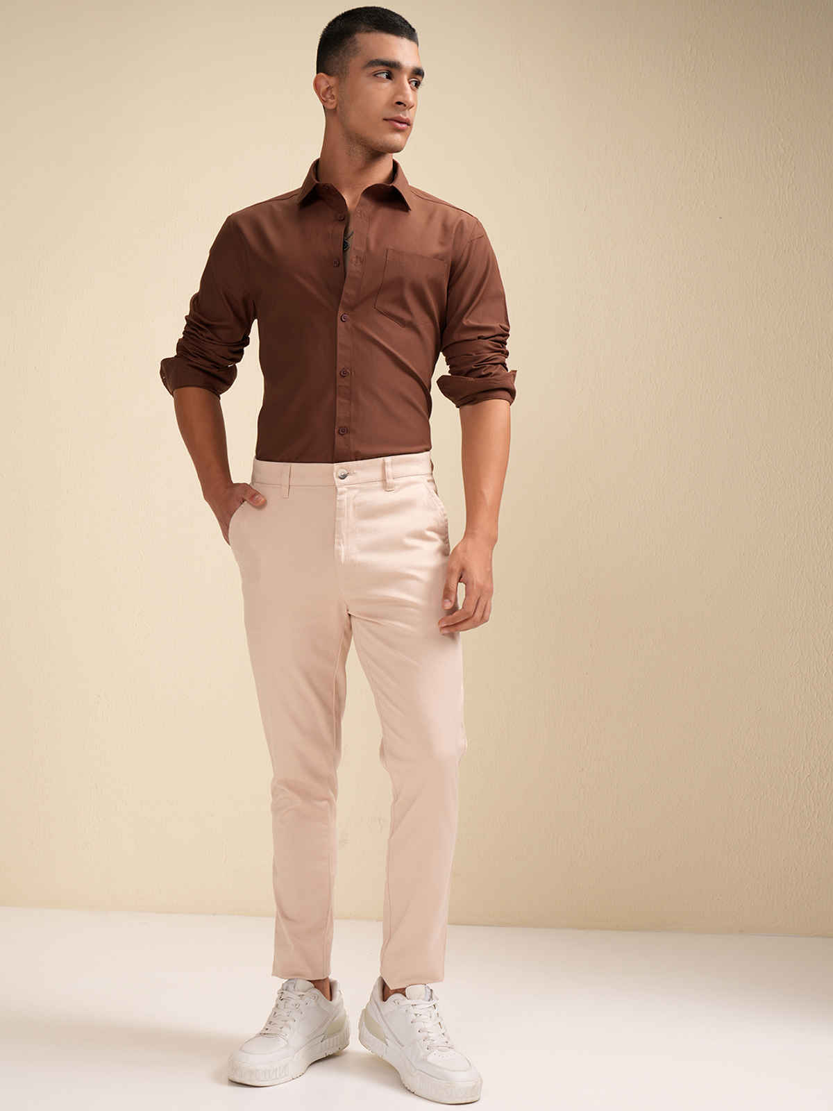Highlander Men's Solid Casual Shirt| Peanut - M