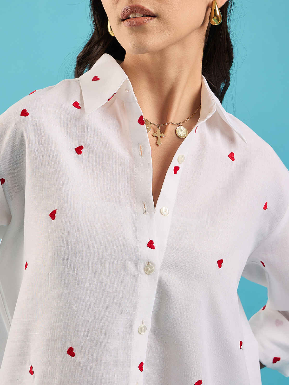 Uptownie Women's Embroidered Cotton Shirt with Hearts | 120018879 | White | S