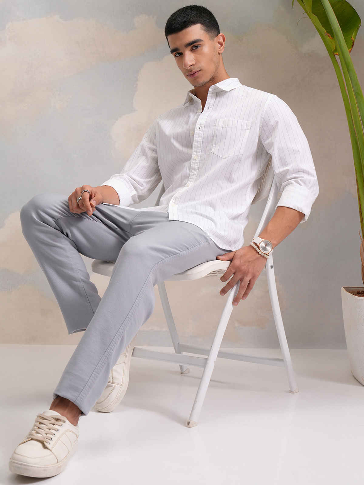 Highlander Men's Classic Slim Fit Vertical Striped Spread Collar Cotton Shirt | White & Indigo - S