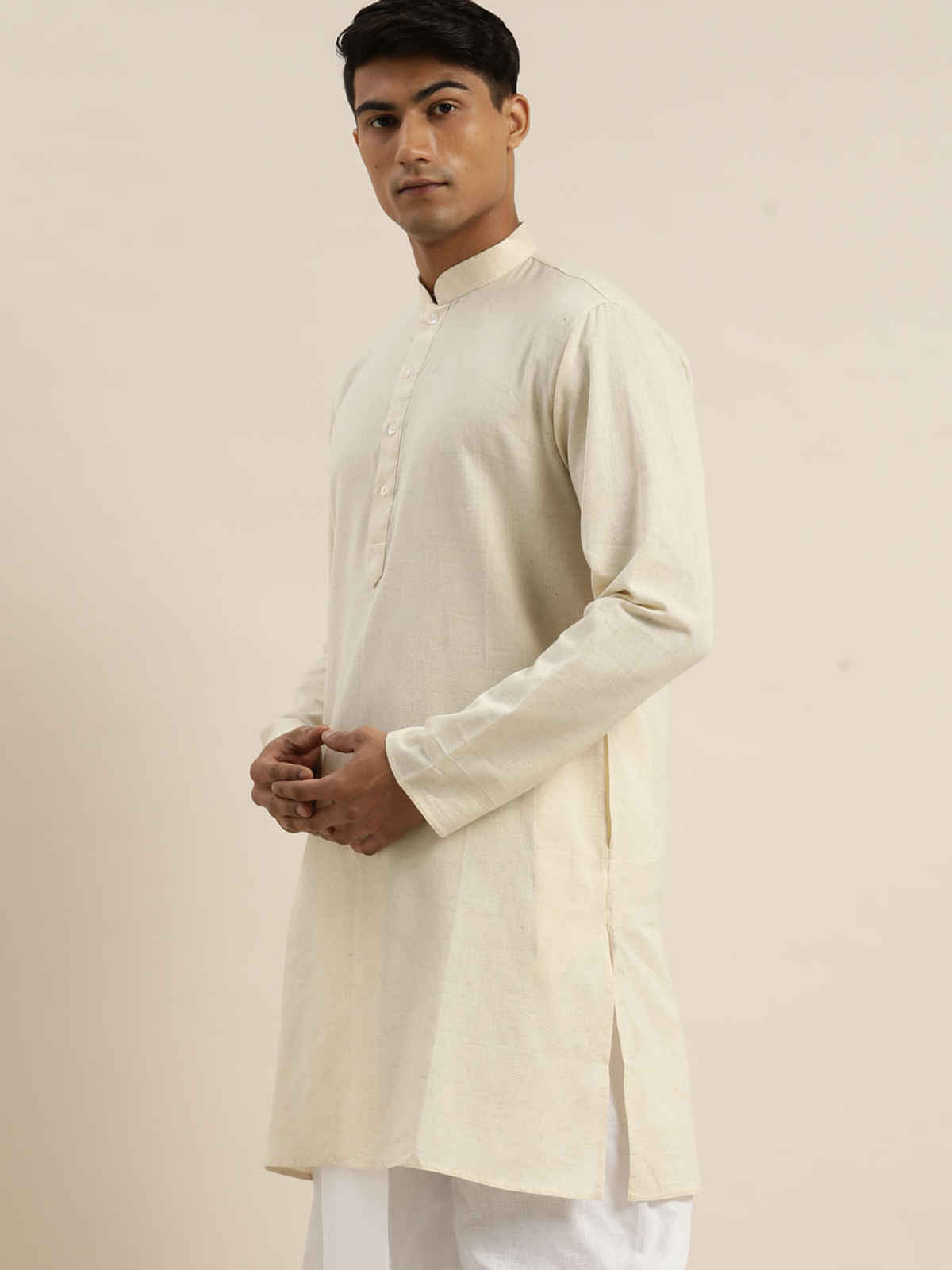 Vastramay Men's Cotton Short Kurta | Cream - S