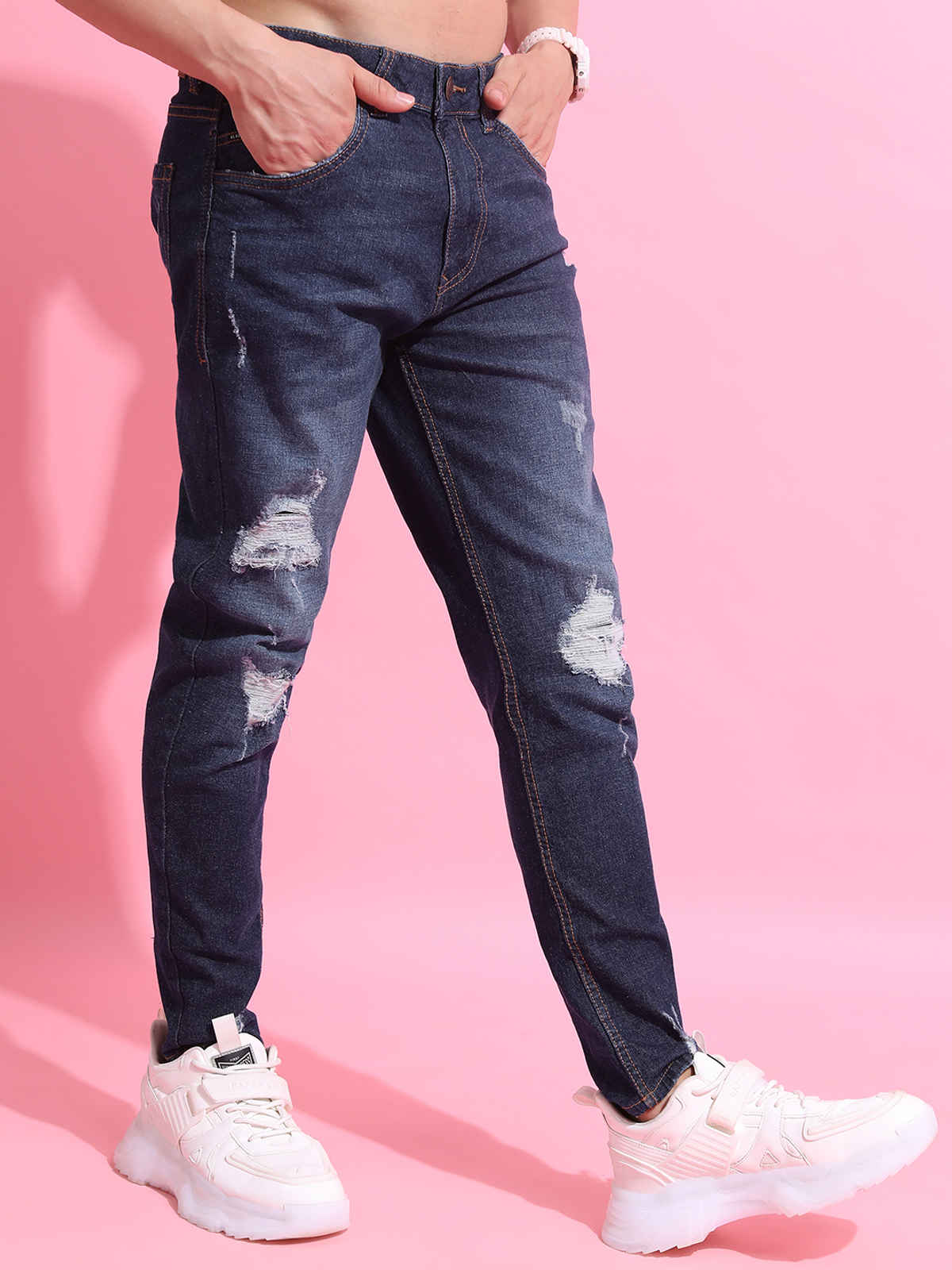 Highlander Men's Mid-Rise Super Skinny Fit Mildly Distressed Stretchable Cropped Jeans | Blue - 30