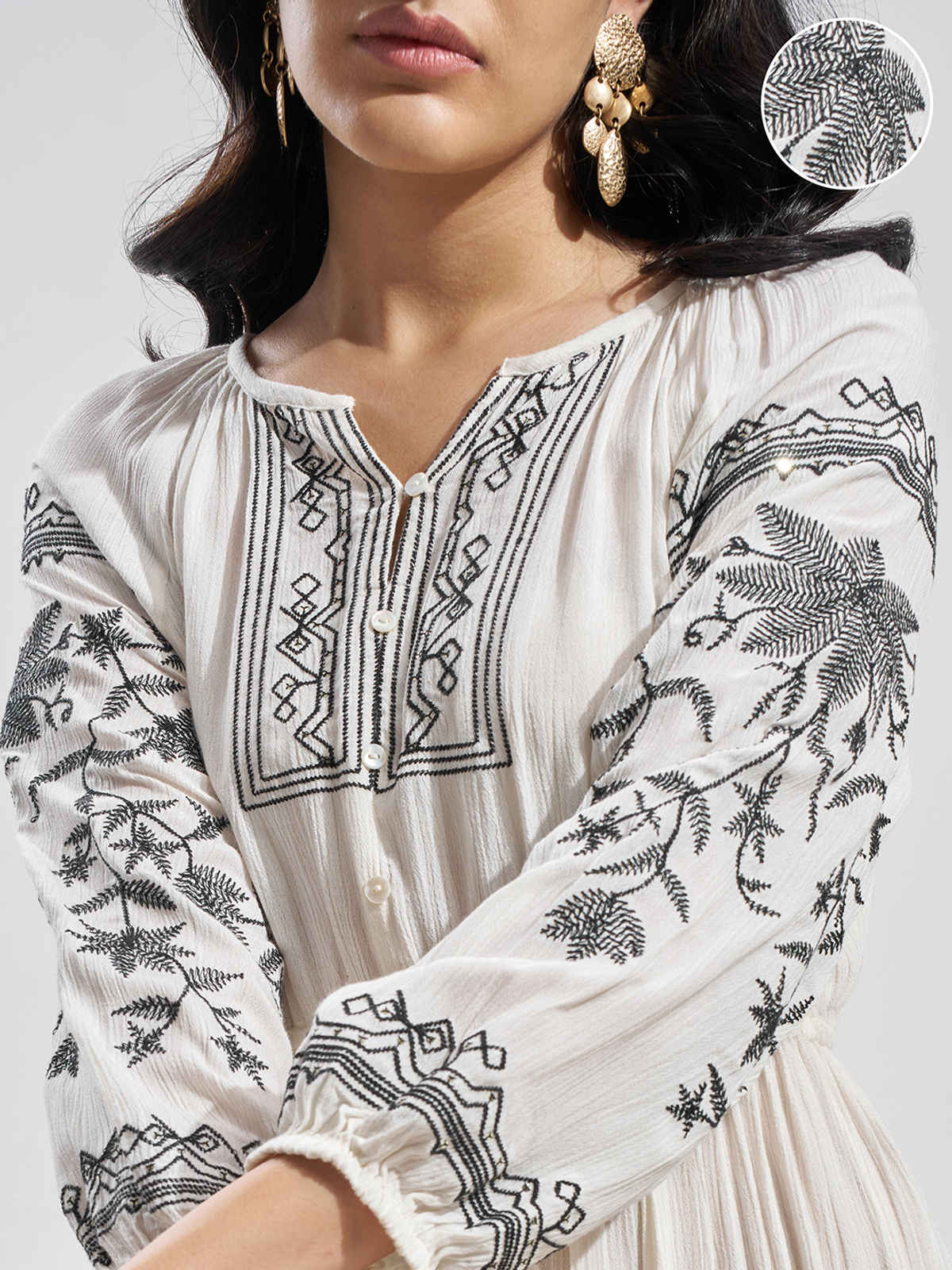 Vara By Vishudh Women's Viscose Gauze Embroiderd Round Neck Short Dress | Off White - S