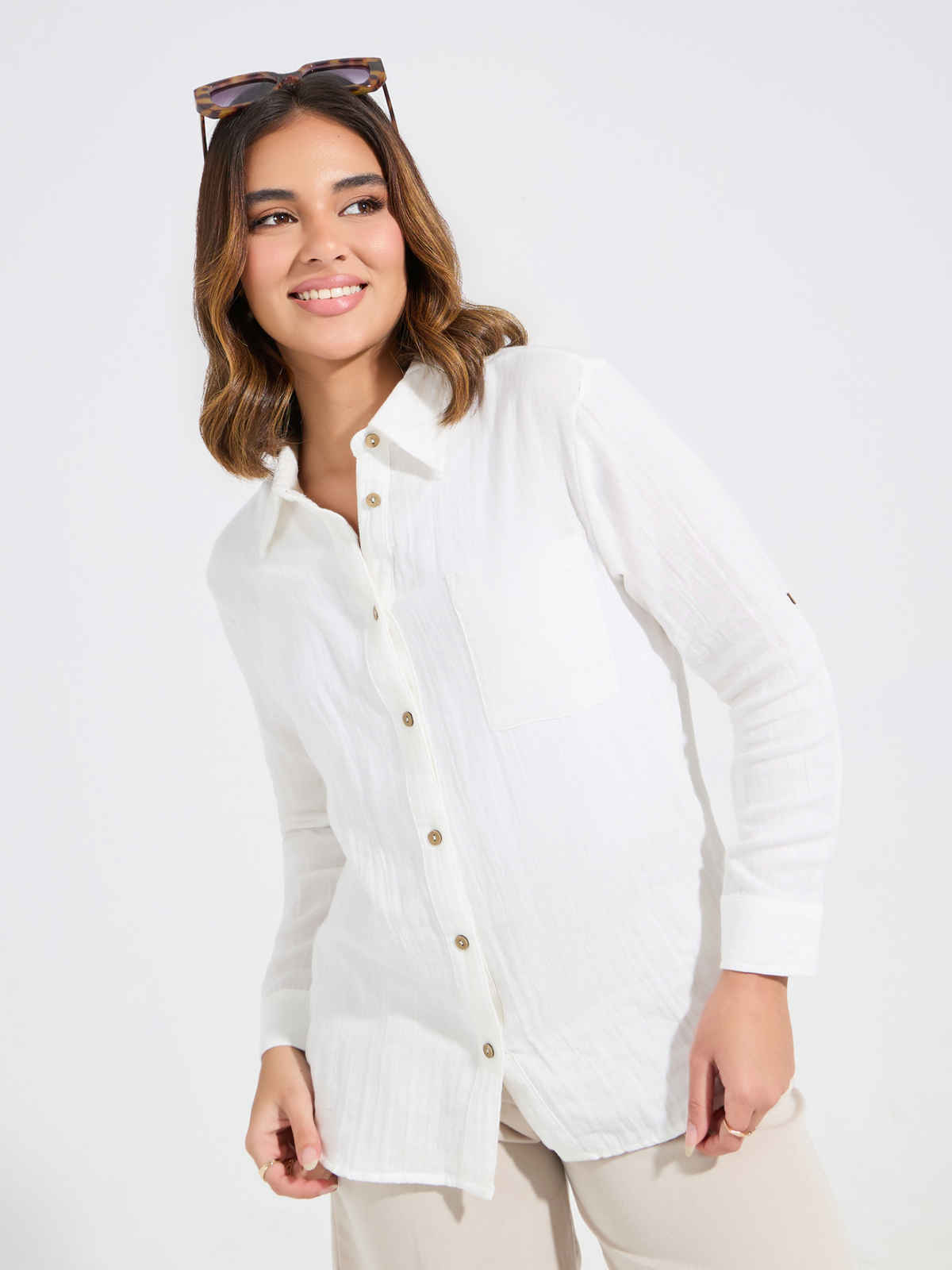 Styli Women's Longline Oversized Fit Shirt with Solid Design | White - M