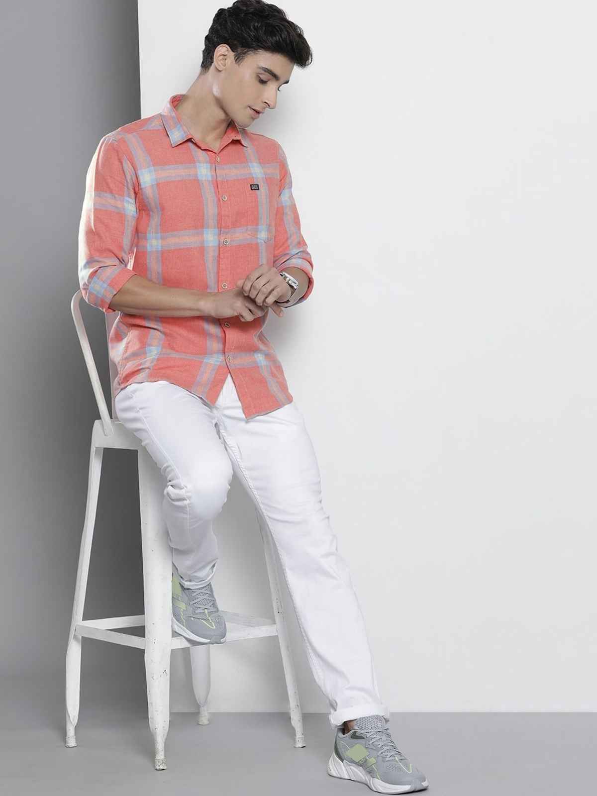 The Indian Garage Co Men's Regular Fit Checked Casual Shirt | Coral - XXL