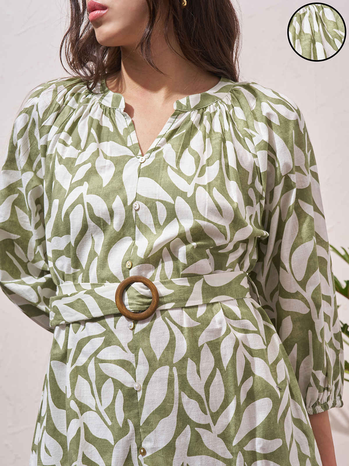 Vara By Vishudh Women's Cotton Slub Printed Reglan Sleeve Short Dress | Green - L