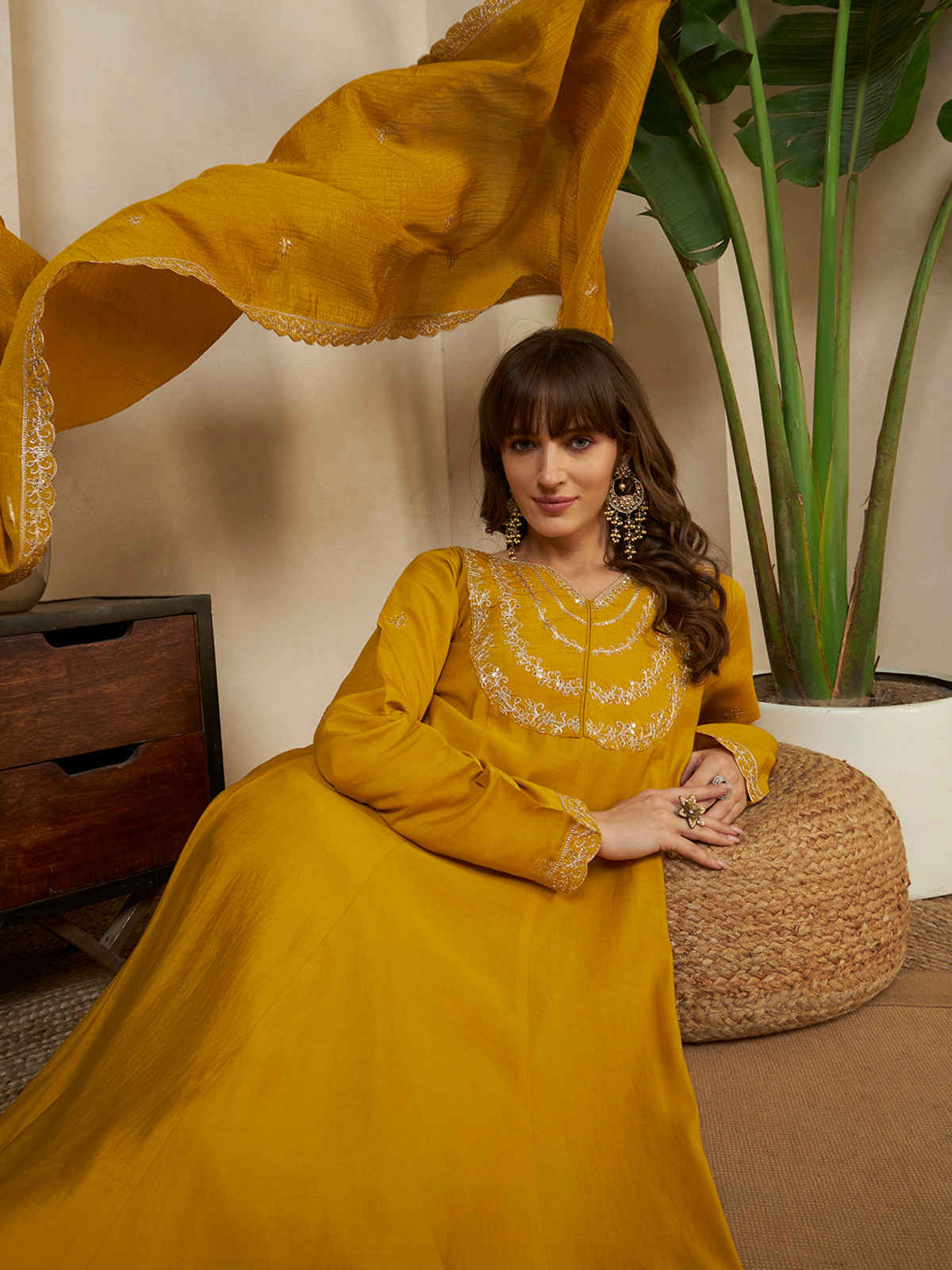 Sheetal Associates Women's Anarkali Kurta with Pants & Dupatta | Kurta 115 | Yellow | S