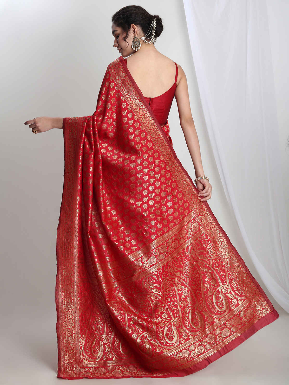 Janasya Women's Silk Blend Floral Woven Design Jacquard Saree with Blouse Piece | SAR692 | Red