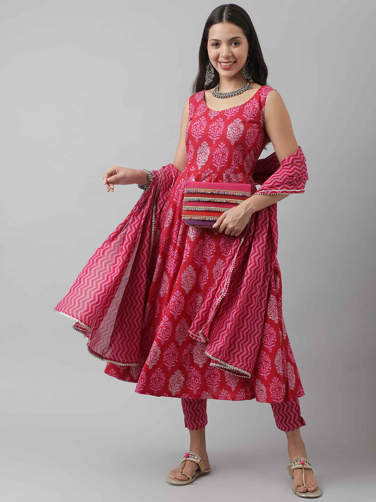 Divena Women s Magenta Floral Cotton Anarkali Kurta Pant Set with Dupatta | DK0840 | L