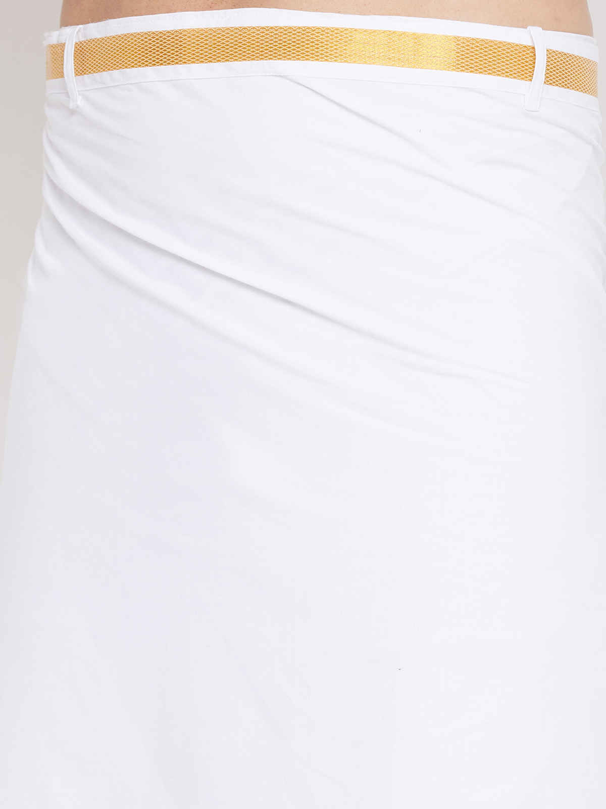 Vastramay Men's White and Gold Velcro Mundu/Veshti/Dhoti with pockets | Ready To Wear | Free Size