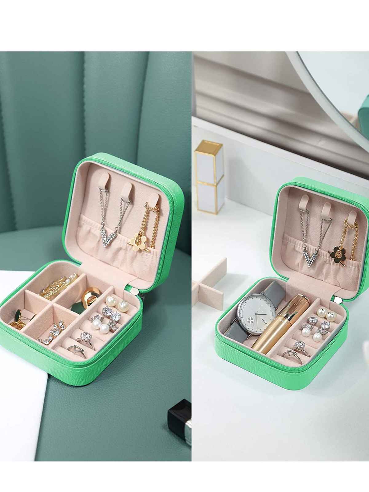 Youbella Pu Leather Zipper Portable Travel Storage Box Case(Green)(Jewellery - Box - 31)