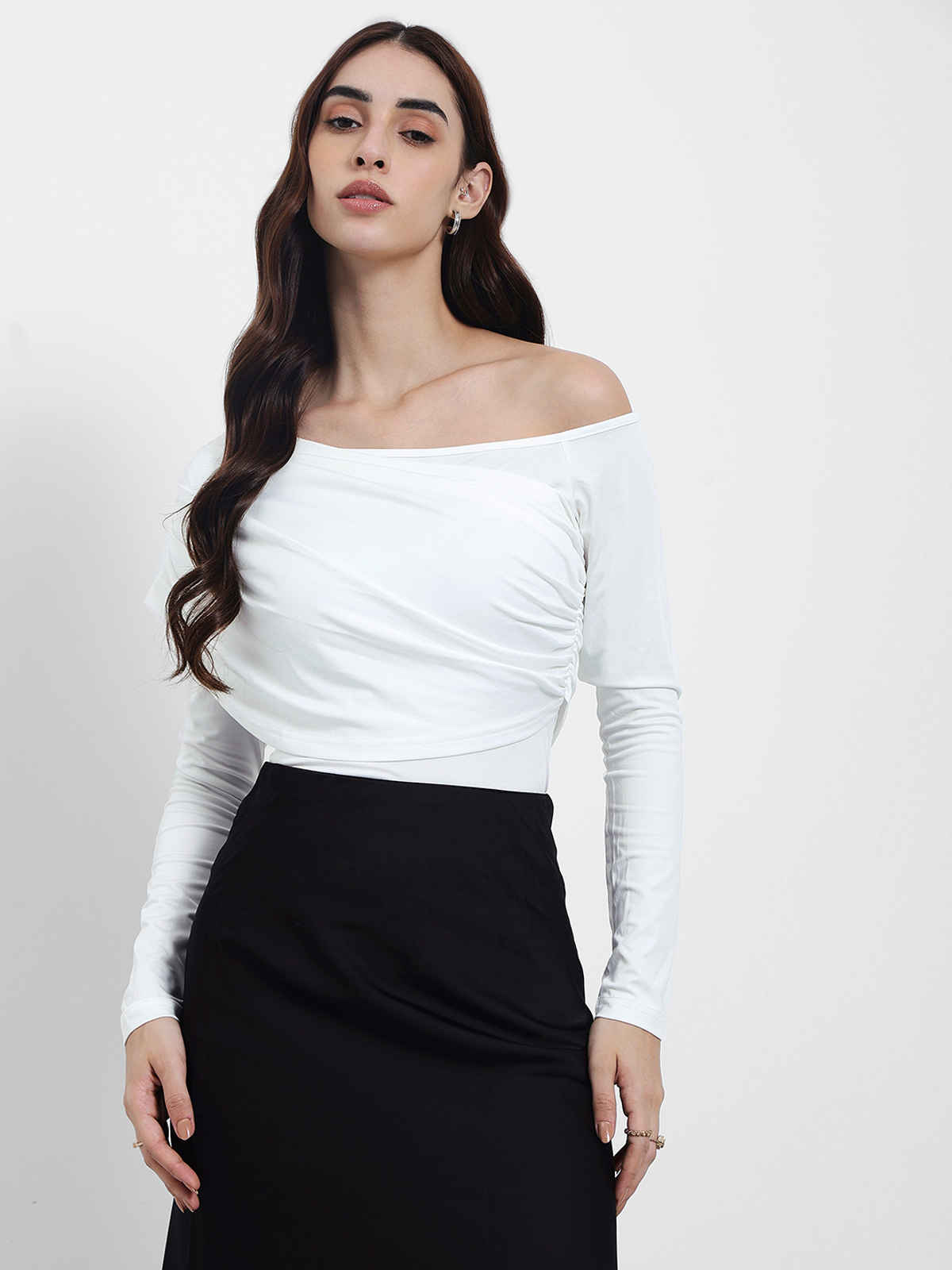 Styli Women's Fitted Bodysuit with Asymmetric Neck | White - XL