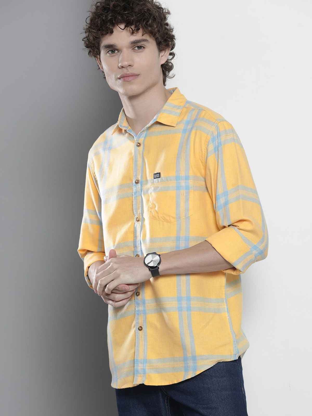 The Indian Garage Co Men's Regular Fit Checked Casual Shirt | Yellow - XXL