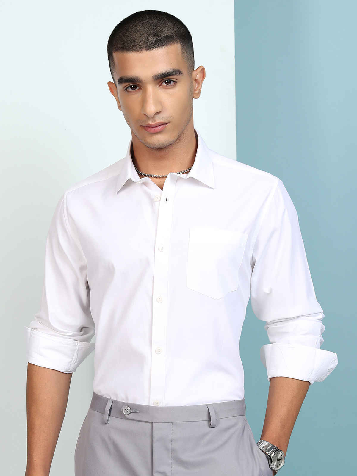 Highlander Men's Regular Fit Button Down Collar Full Sleeve Satin Shirt | White | L