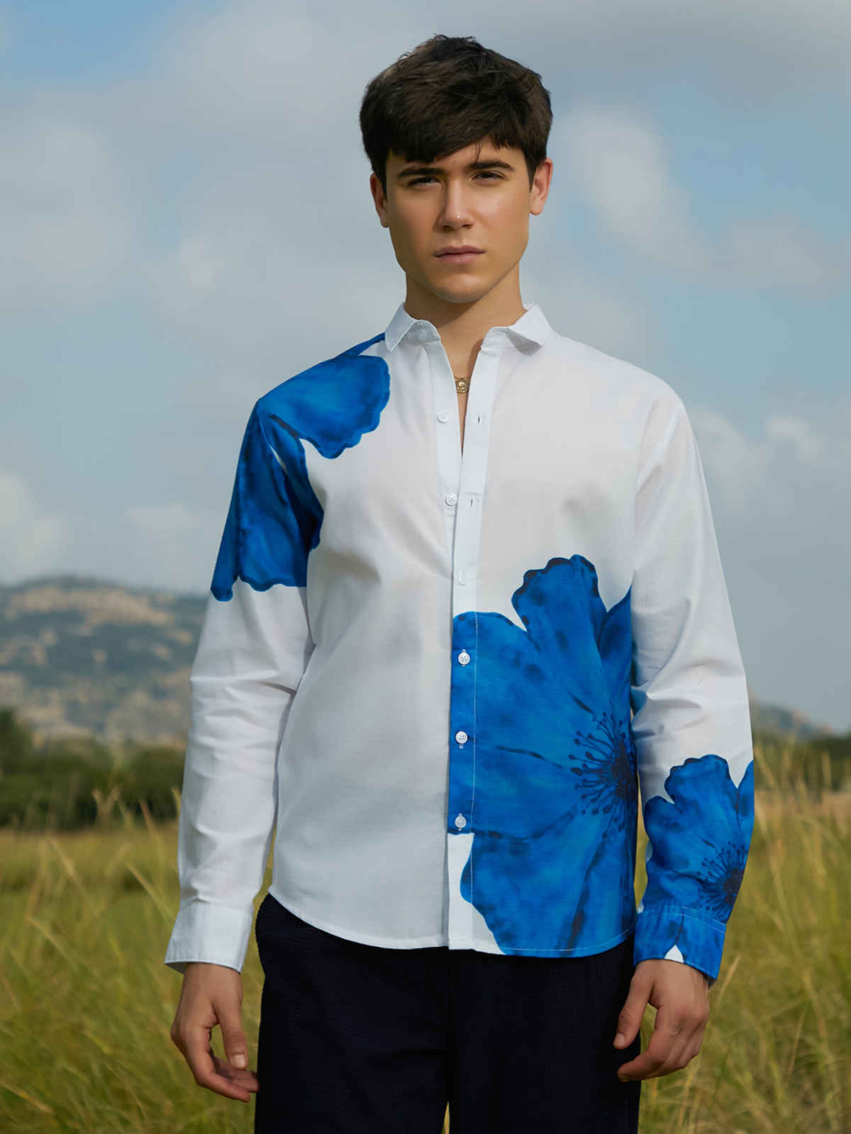 Campus Sutra Men's Primrose Flora Shirt | Royal Blue - M