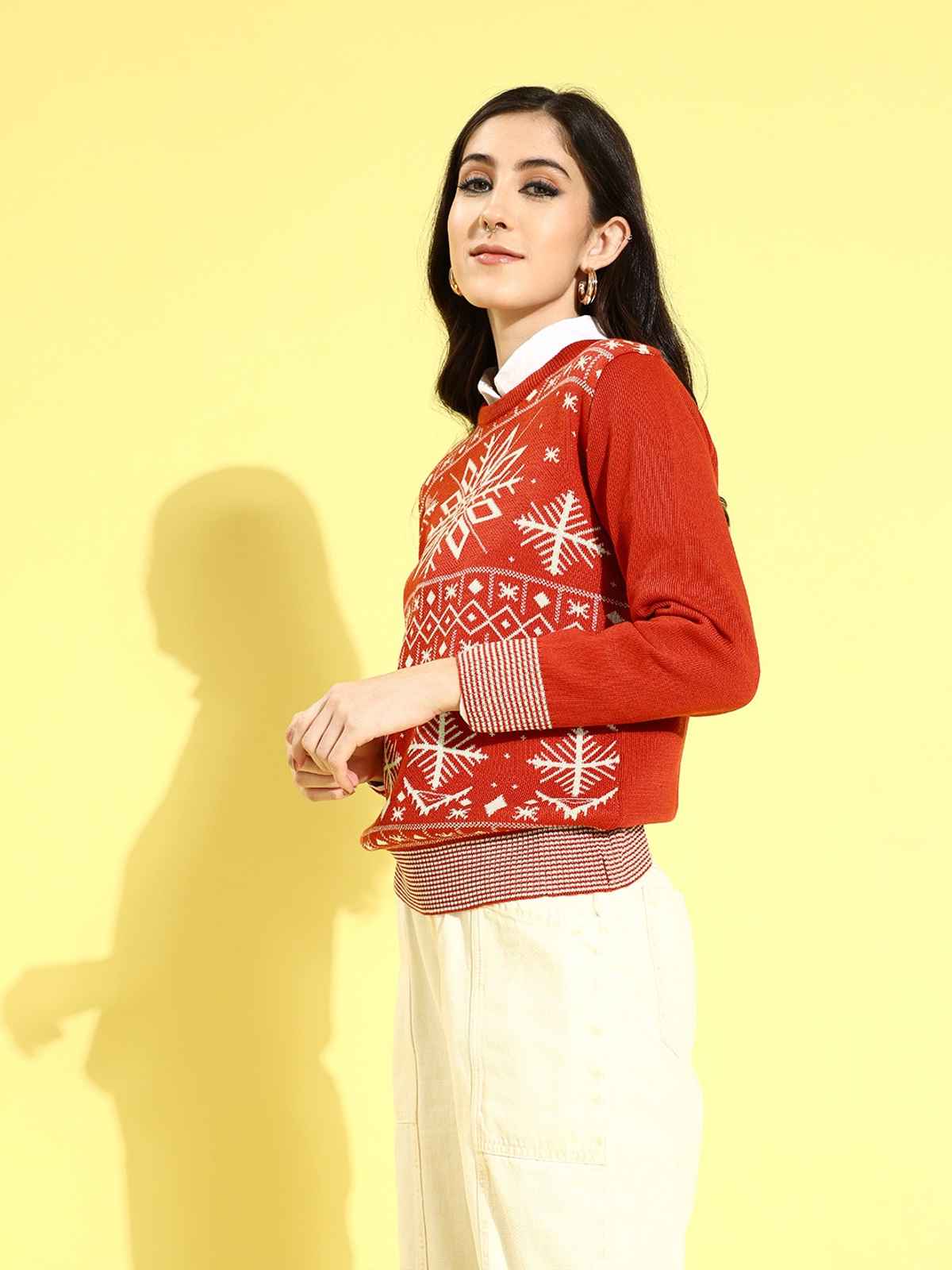 Style Quotient Women's Printed Christmas Pullover Sweater | AW21SQFFBETTY RW | Red - S