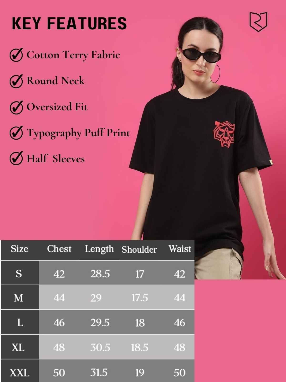 Rigo Women Terry Oversized Back Tiger Printed T-shirt | Black - L