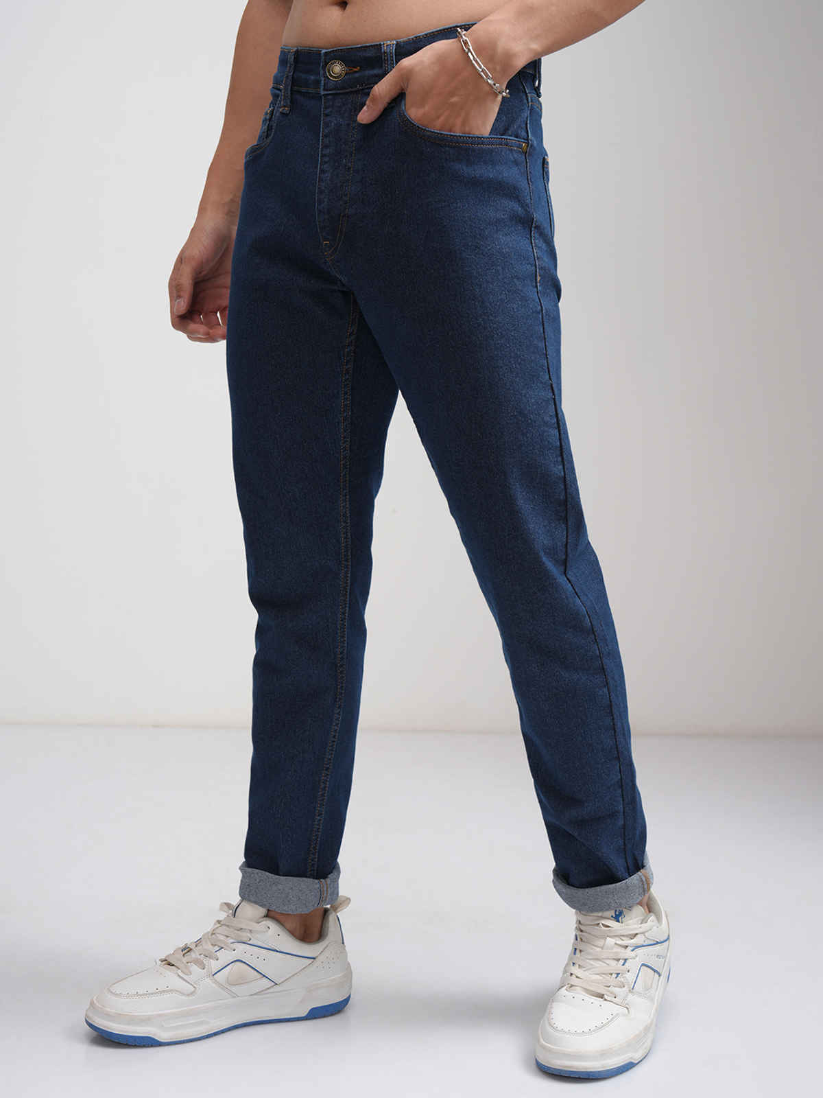 Highlander Men's Tapered Fit Clean Look No Fade Stretchable Jeans | Blue - 34