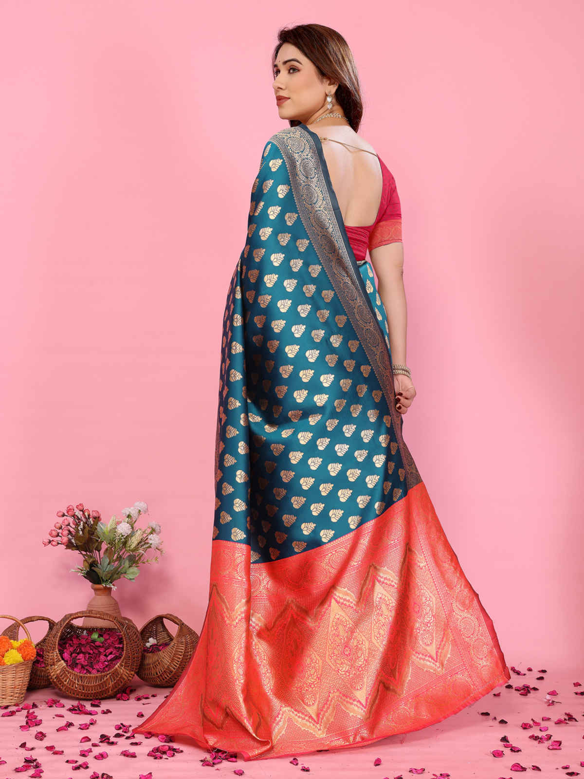 Hema Silk Mills Women Woven Banarasi Silk Blend Saree | Red