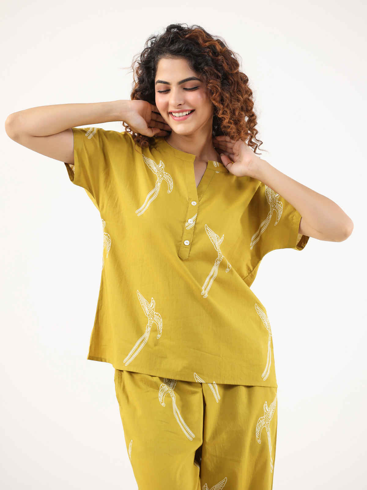 Sanskrutihomes Graphic Printed Pure Cotton Night Suit | Yellow - S
