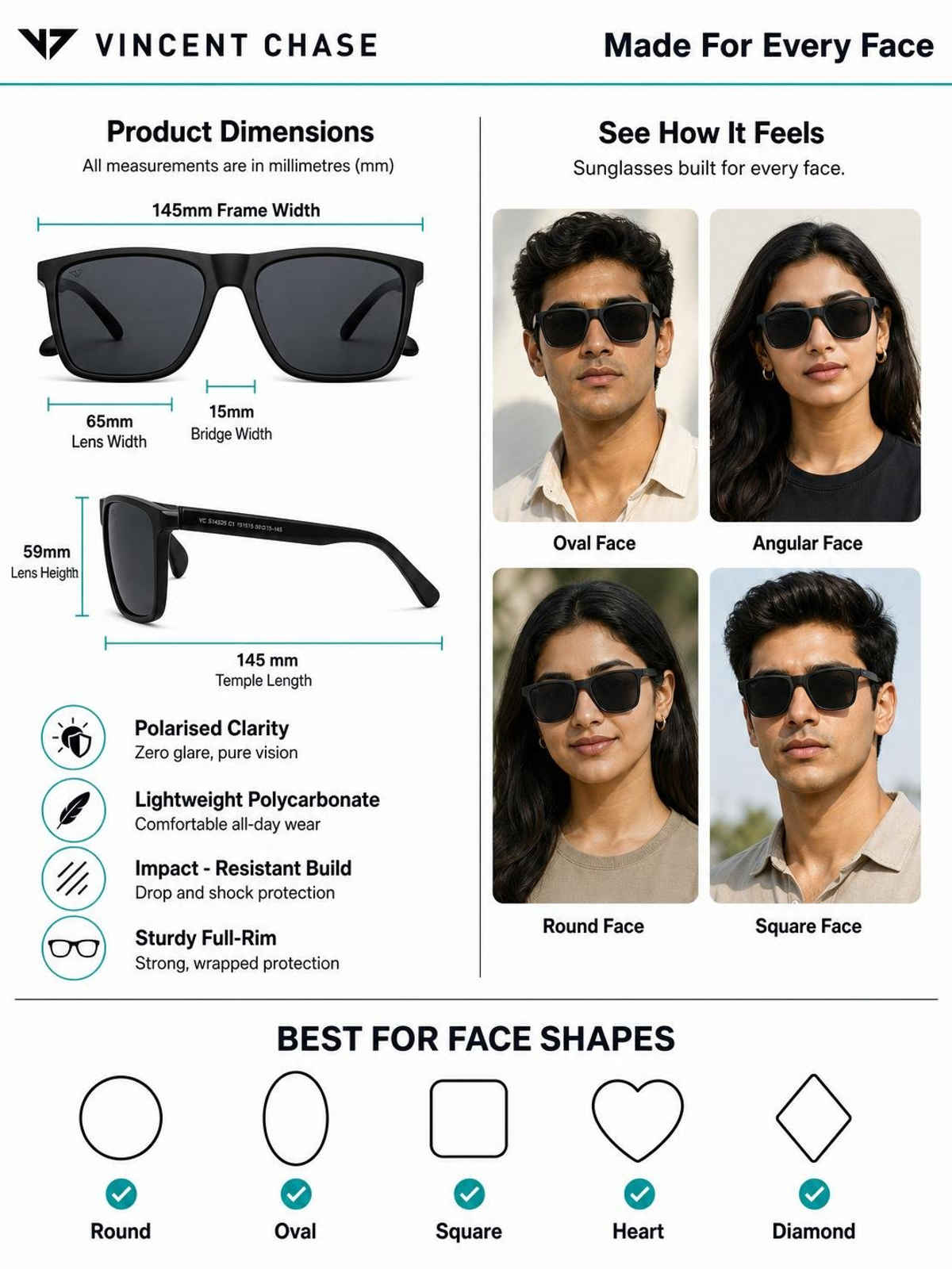 Vincent Chase By Lenskart Unisex Solid Plastic Wayfarer Sunglasses | Black - L