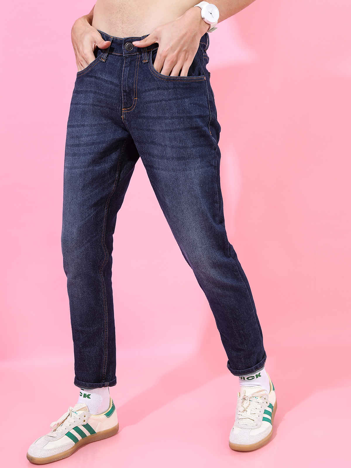 Highlander Men's Tapered Fit Mid-Rise Clean Look Stretchable Jeans | Dark Indigo - 30