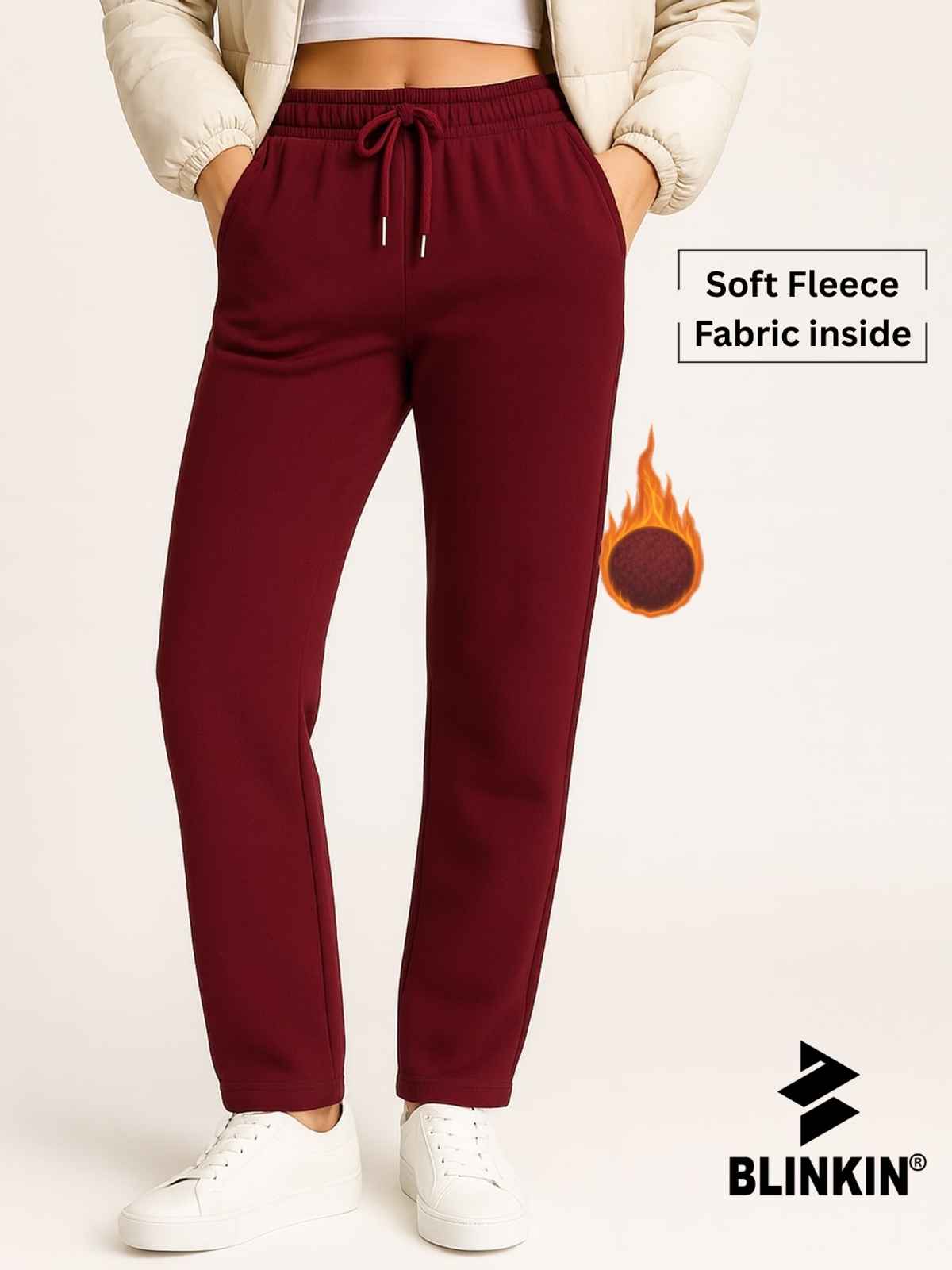 Blinkin Women's Fleece Trackpants | Warm Winter Joggers with Pockets | Maroon - M