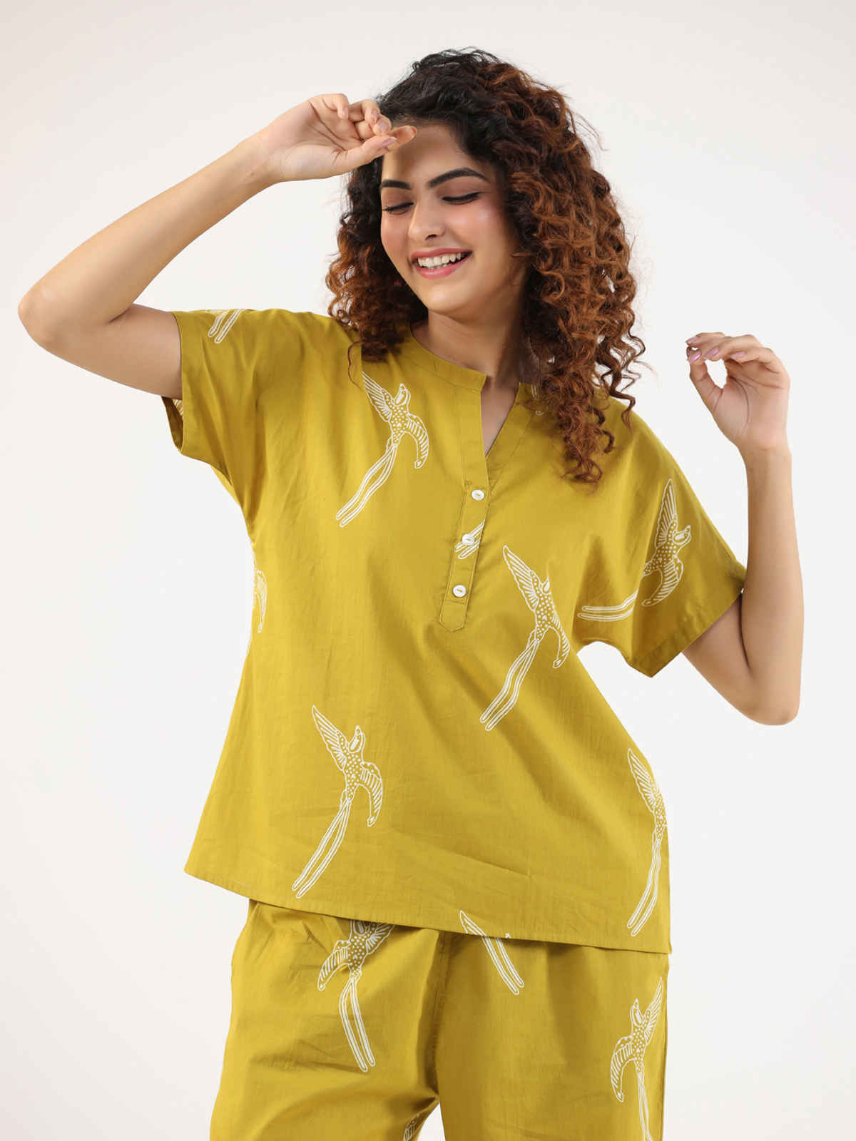 Sanskrutihomes Graphic Printed Pure Cotton Night Suit | Yellow - S