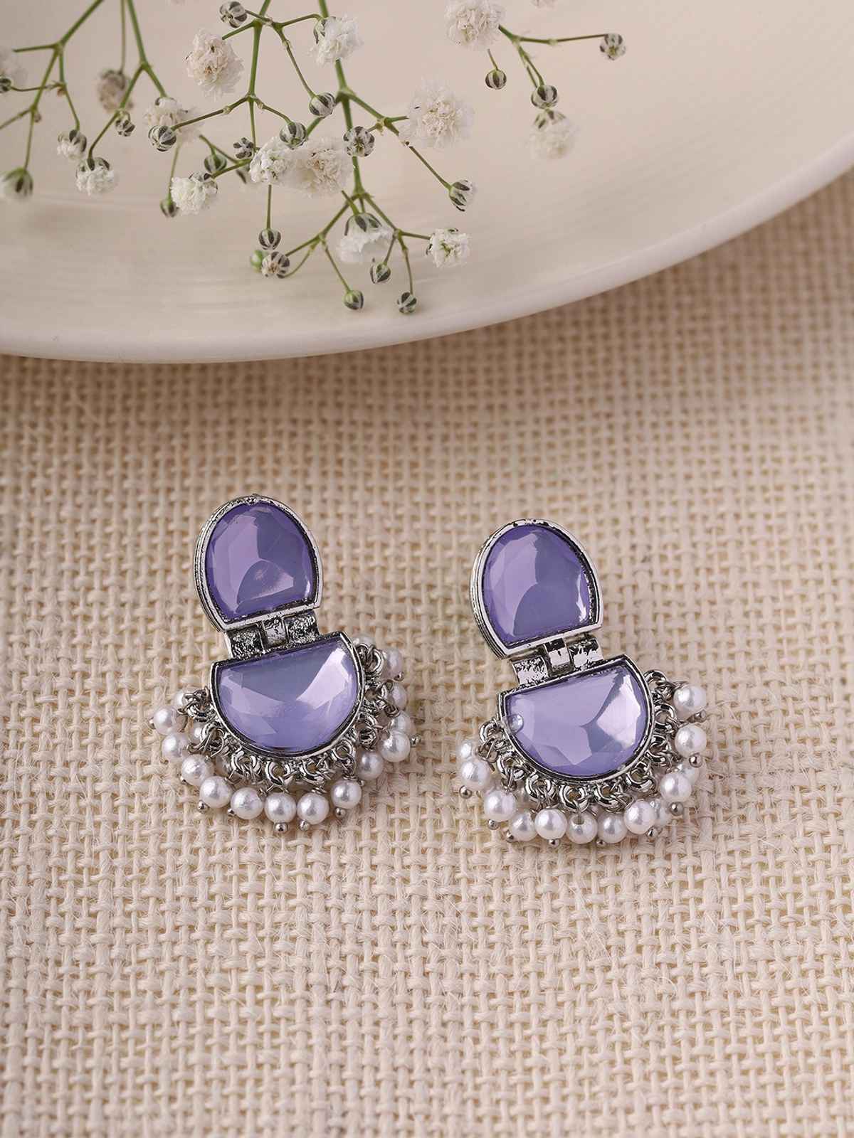 Priyaasi Lavender Crystal Drop Oxidized Pattern Earrings