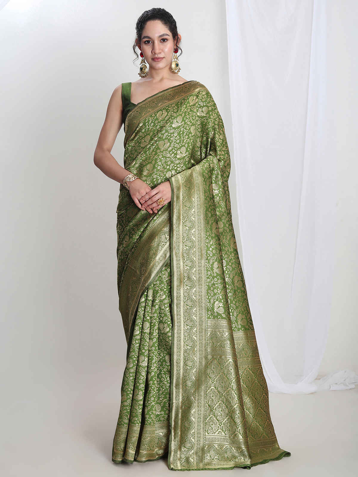 Janasya Women's Silk Blend Floral Woven Design Jacquard Saree with Blouse Piece | SAR656 | Green