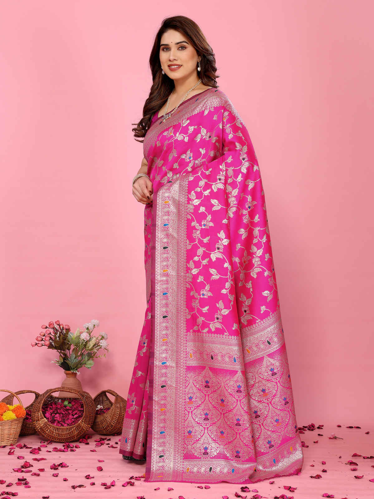 Hema Silk Mills Women Woven Banarasi Meena Jacquard, Silk Blend Saree | Pink