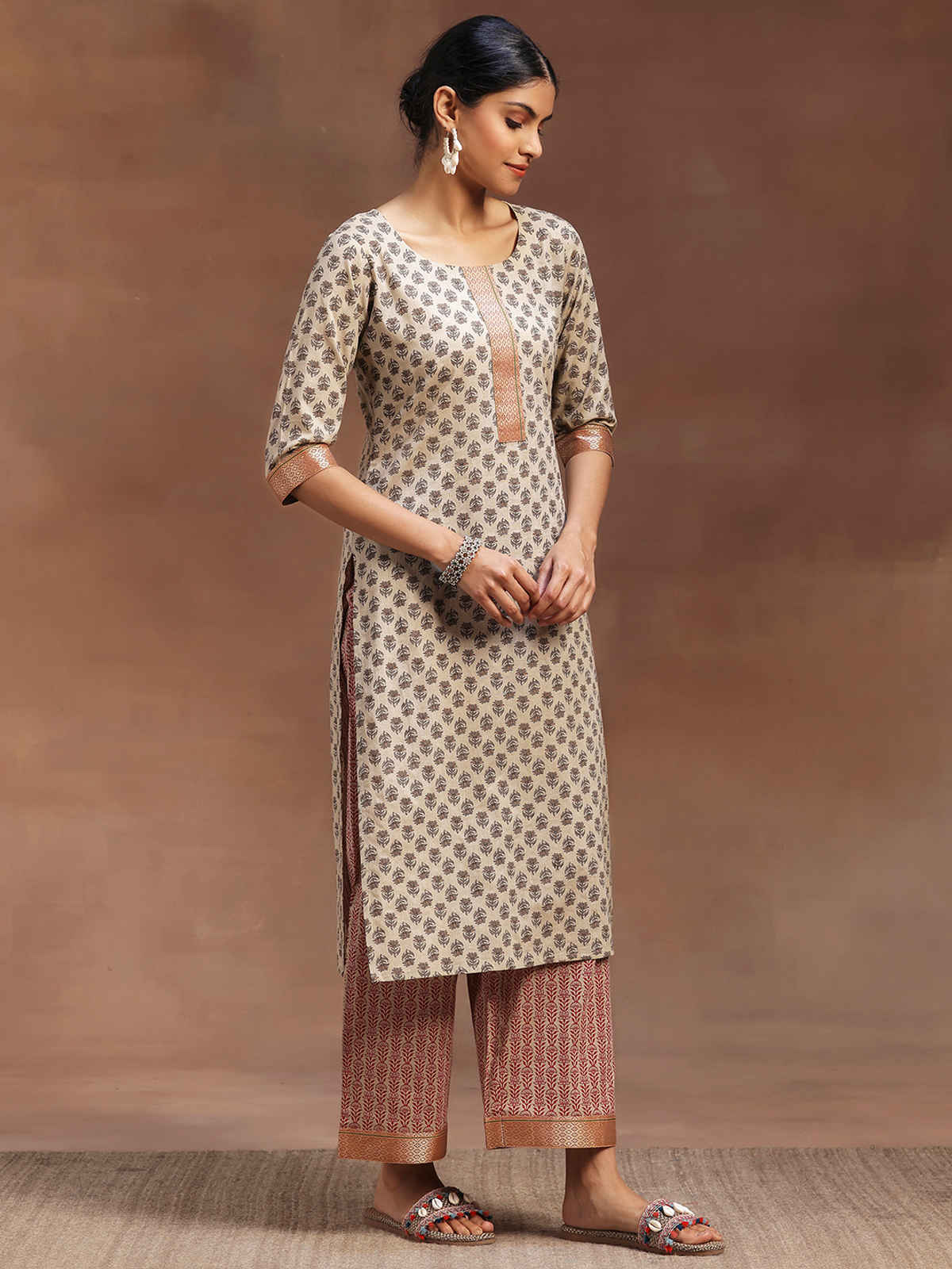 Libas Printed Cotton Straight Suit With Dupatta | 36671OH | Beige - L